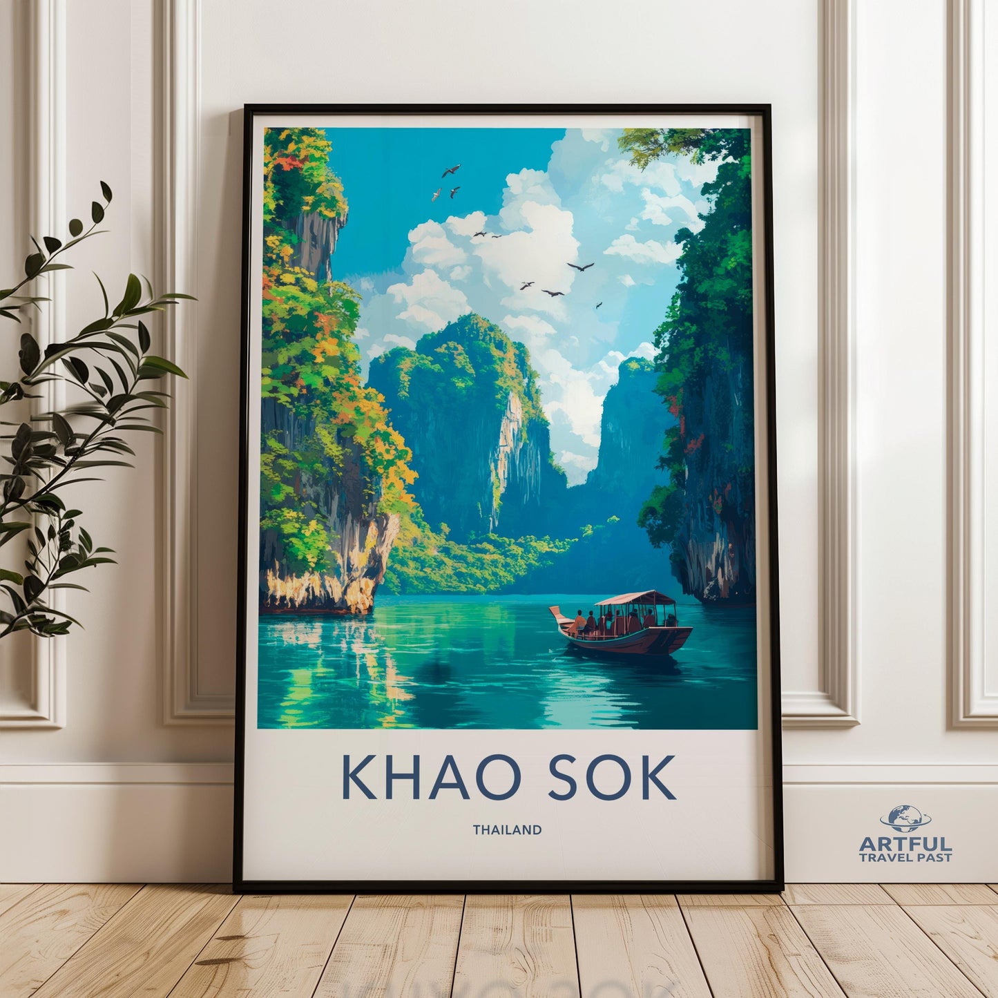 Khao Sok Thailand Wall Art, Boat in Scenic Lake Poster, Tropical Landscape Print, Travel Destination Artwork, Nature Home Decor