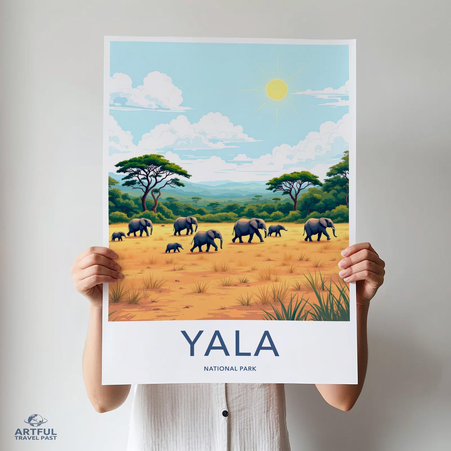 Yala National Park poster, wild elephants art print, safari adventure wall decor, nature landscape illustration, travel scenery