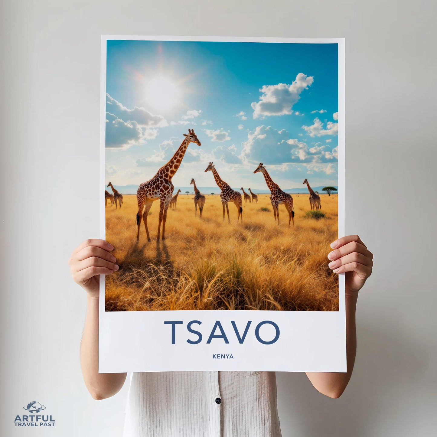 Giraffe Safari Poster, Tsavo Kenya Wall Art, Wildlife Photography Print, African Landscape Decor, Safari Animal Art, Nature Lover Gift