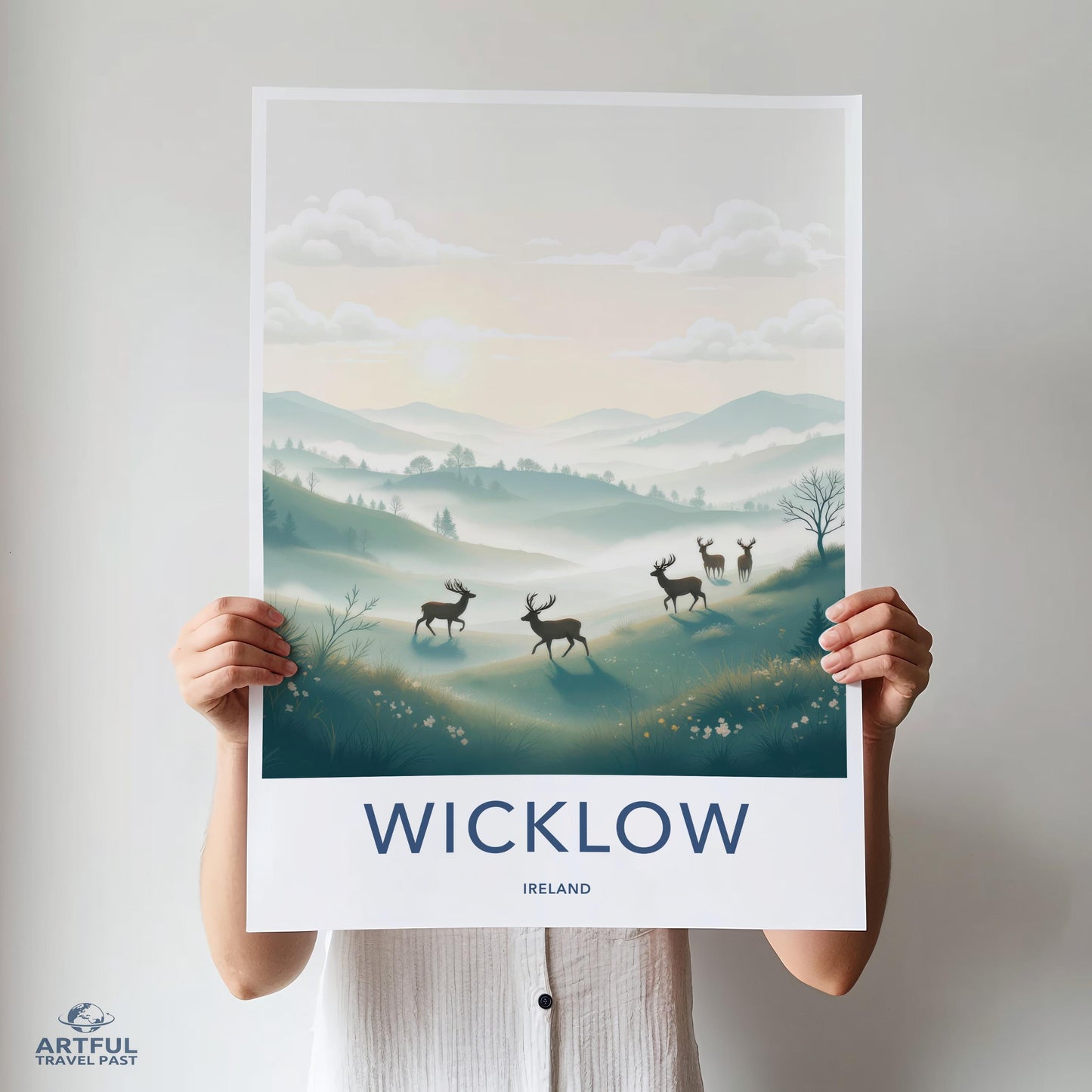Wicklow Ireland Wall Art, Scenic Landscape Poster, Deer in Sunlit Valley, Nature Home Decor, Nordic Style Print