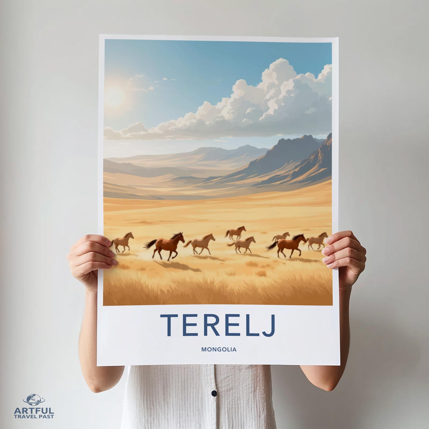 Terelj Mongolia landscape art print, scenic view poster, horseback riders wall decor, nature lovers gift, travel photography