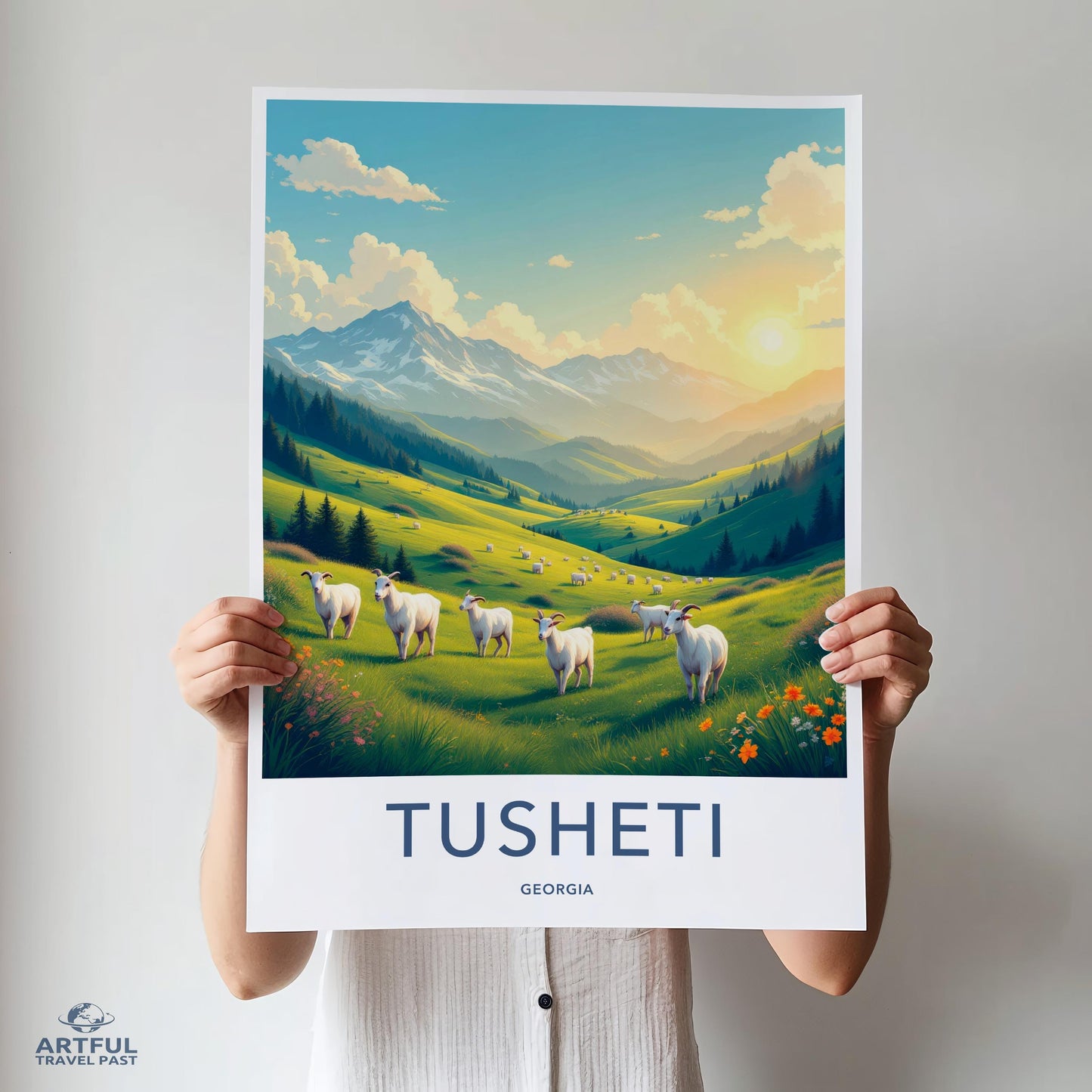Tusheti Travel Poster, Switzerland Countryside, Walking Landscapes Print, Scenic Mountains Art, Rustic Home Wall Decor