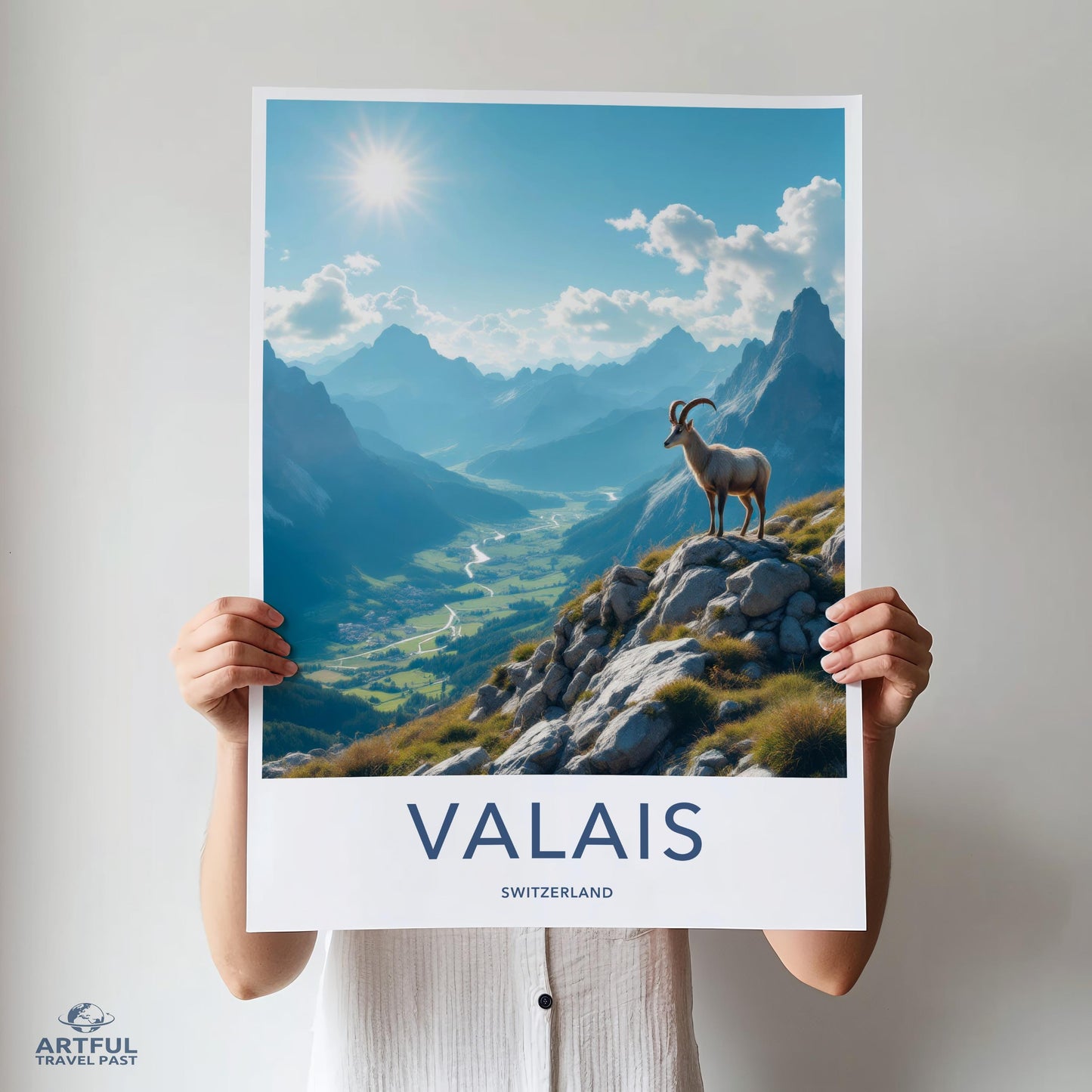 Valais Switzerland poster, Switzerland mountain landscape print, Alpine wall art, Swiss travel decor, Goat in Swiss Alps