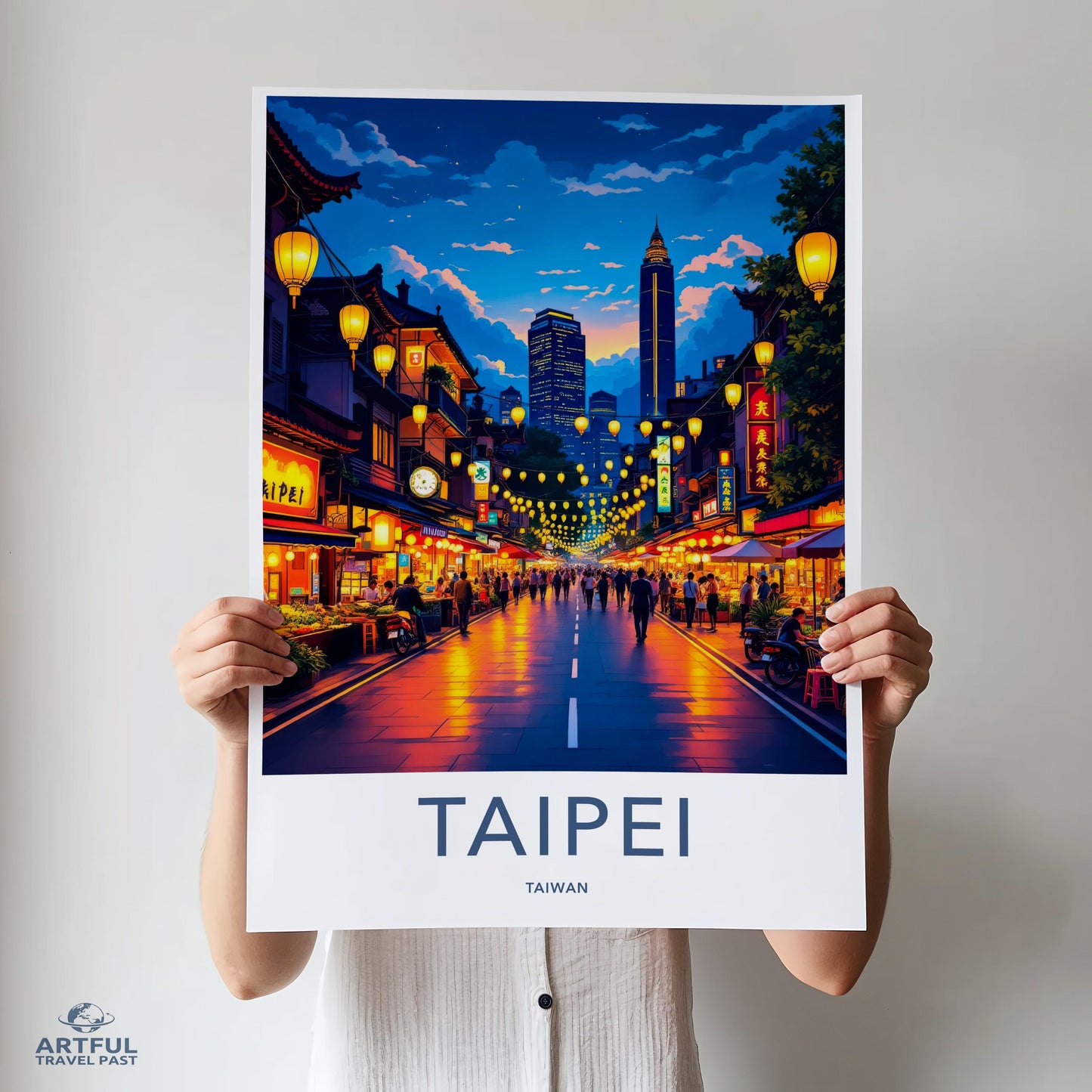 Taipei City Nightscape Art Print, Taiwan Travel Poster, Vibrant Street Scene Wall Decor, Cityscape Illustration, Urban Art Decor
