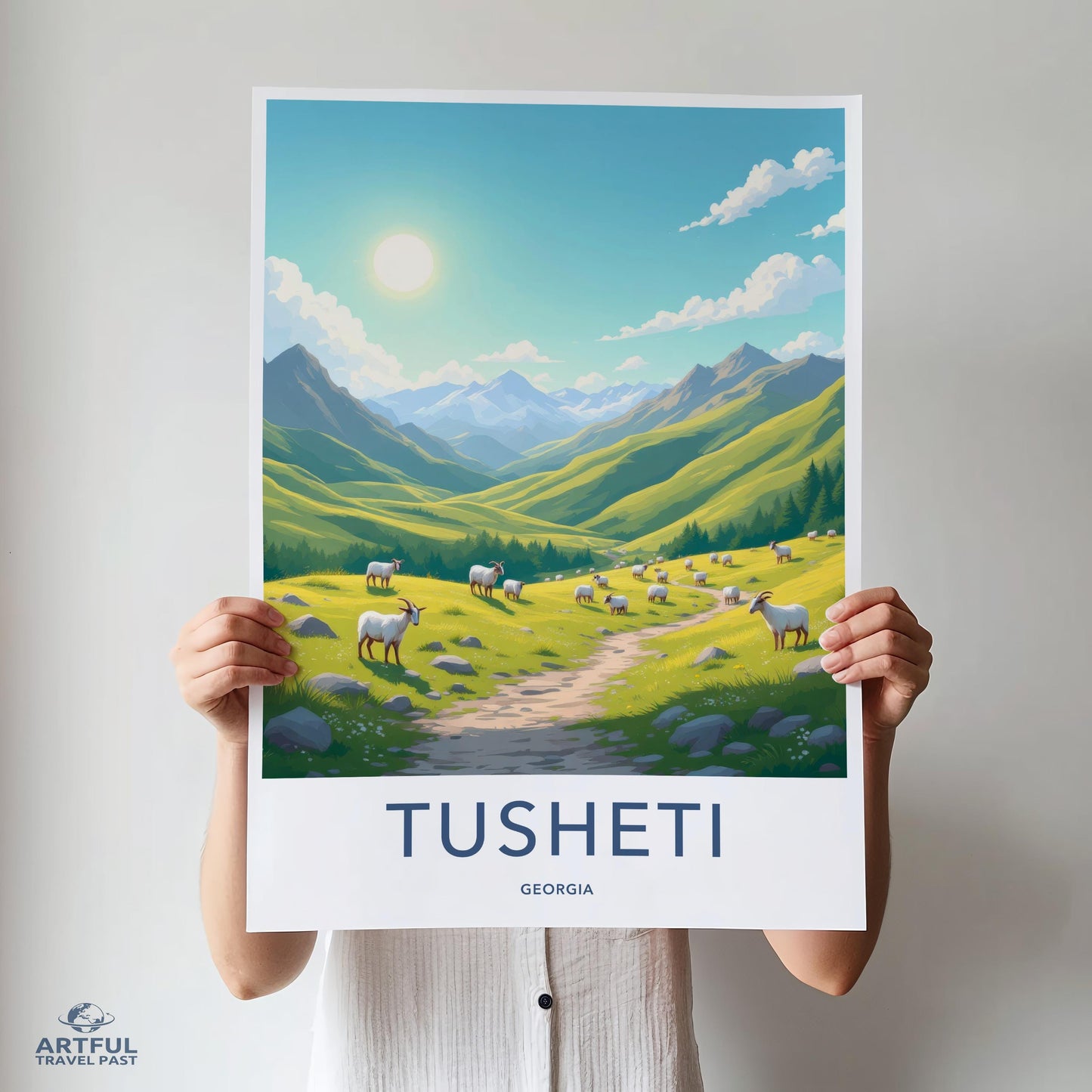 Travel Poster Tusheti Georgia, Mountain Landscape Art Print, Nature Artwork, Pastoral Scene Decor, Home and Office Wall Art