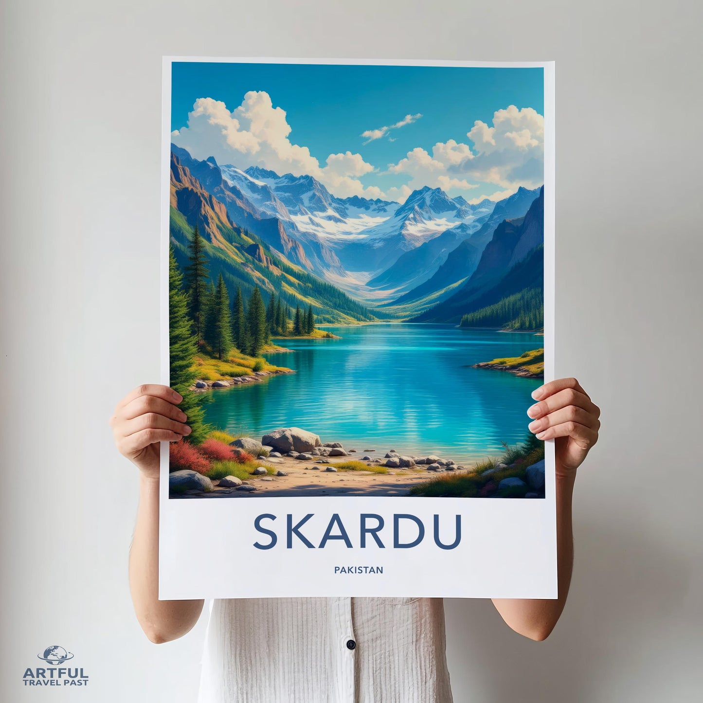 Skardu travel poster, Pakistan mountain lake art print, landscape wall decor, scenic nature photography, home decor wall art