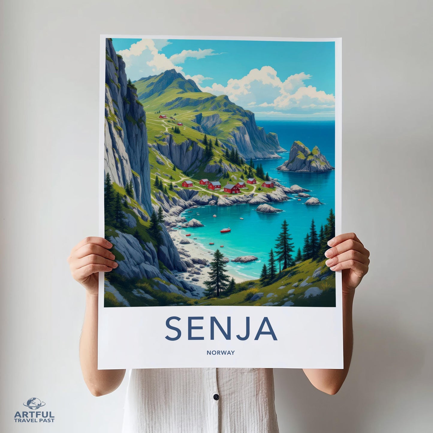 Senja Travel Poster, Norway Landscape Art Print, Coastal Wall Decor, Scenic Mountain Artwork, Nature Illustration, Beach Home Decor
