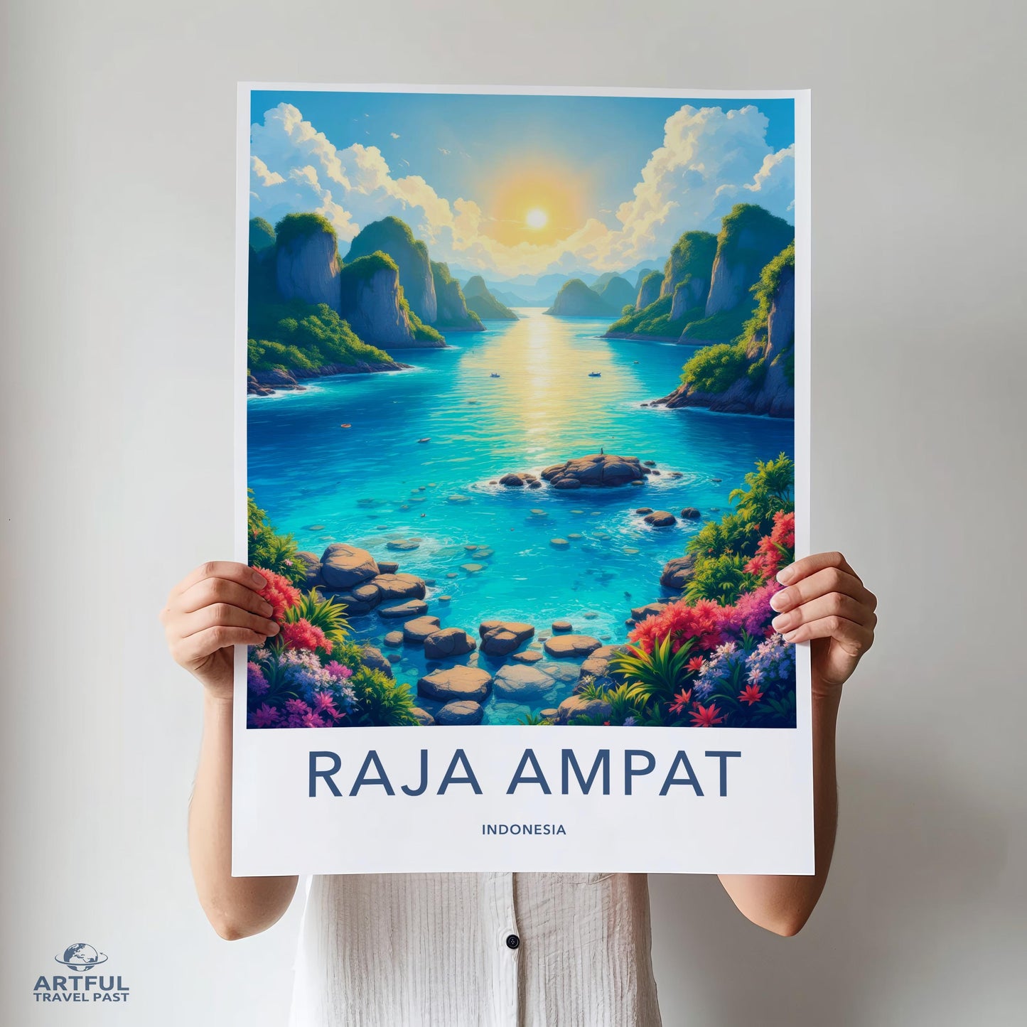Raja Ampat Indonesia Travel Poster, Scenic Ocean Sunrise, Nature Wall Art, Tropical Landscape Photography, Beach Decor Print