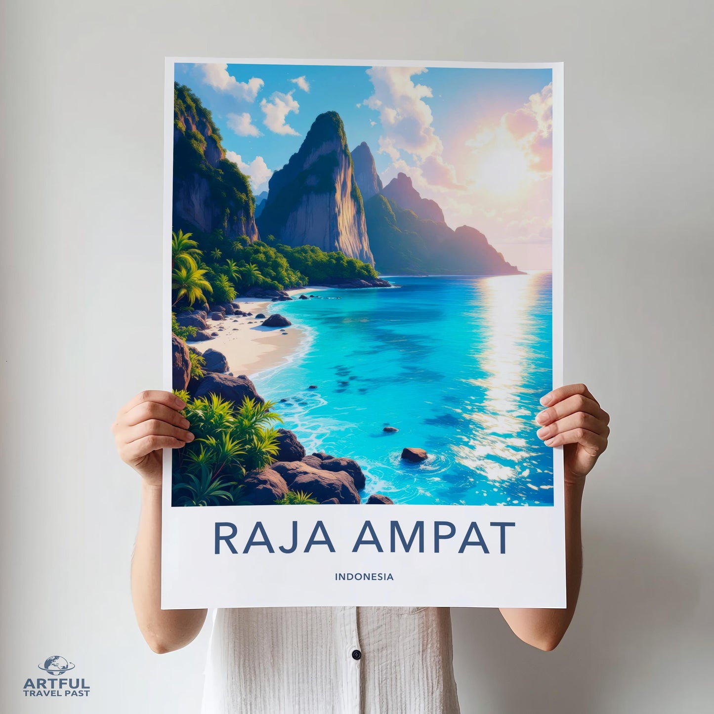 Raja Ampat Indonesia Travel Poster, Beach Sunset Wall Art, Tropical Paradise Print, Coastal Decor, Vacation Illustration