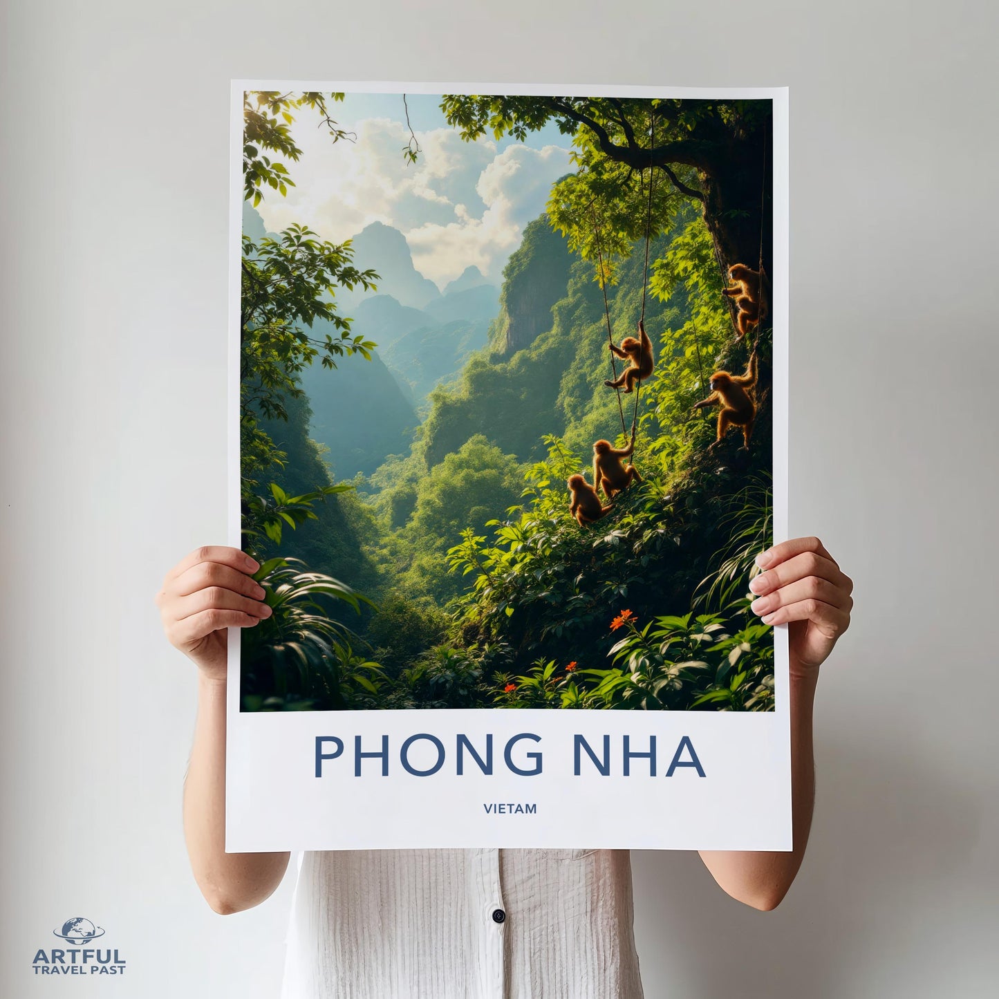 Phong Nha Vietnam travel poster, jungle adventure wall art, scenic nature print, tropical landscape decor, monkeys on vines