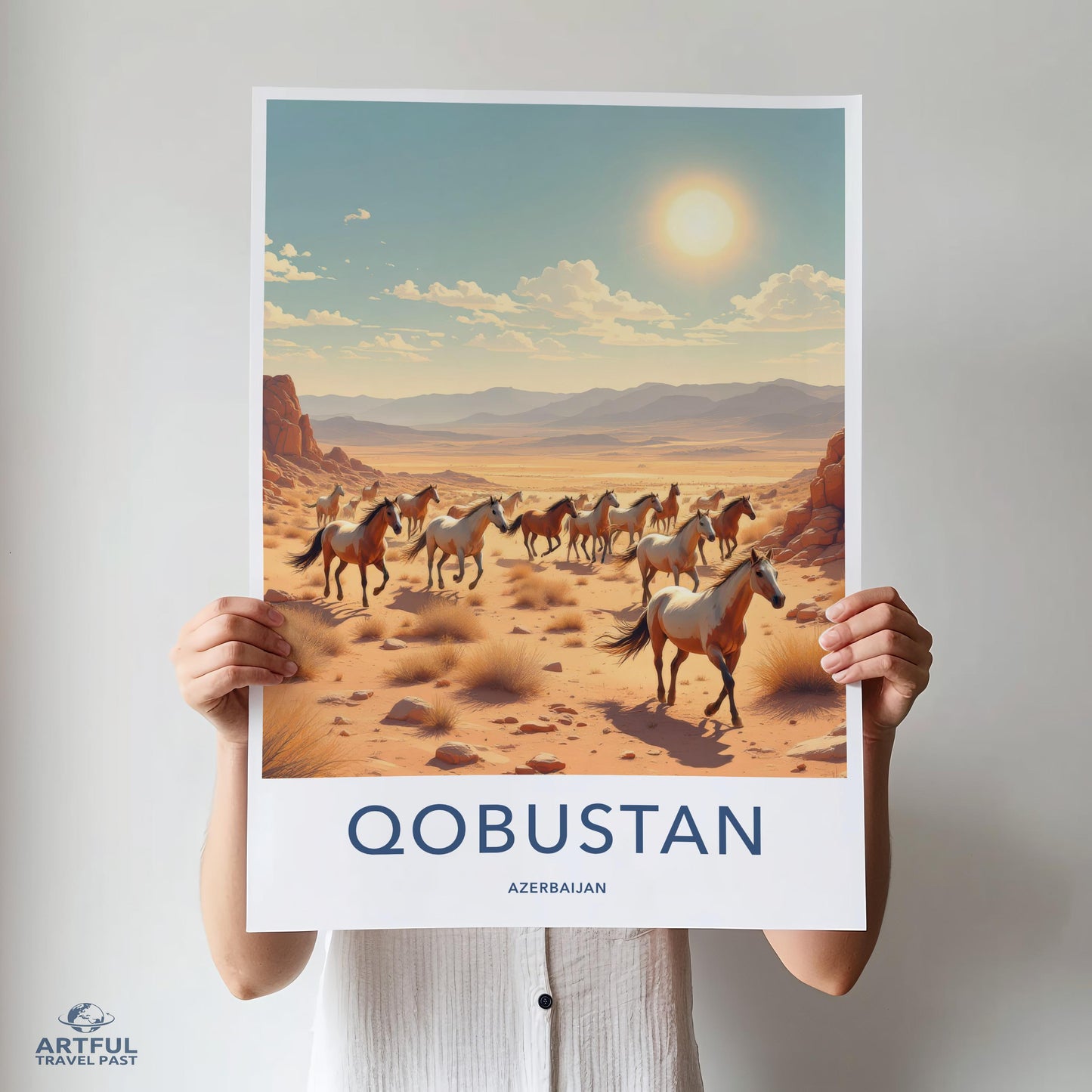 Qobustan art print, Azerbaijan wall decor, Horse landscape poster, Desert scenery, Travel art, Nature photography, Home decoration