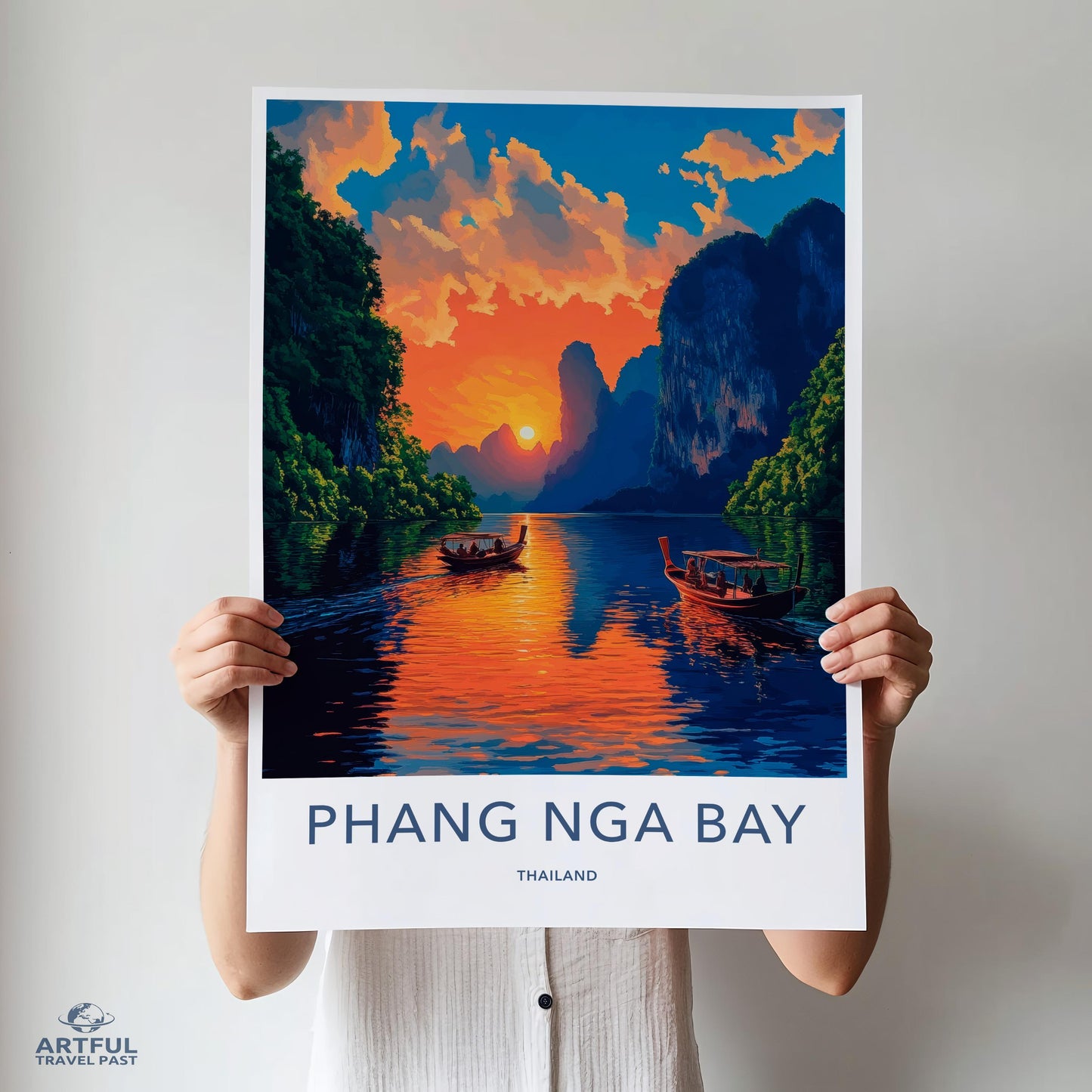 Phang Nga Bay travel poster, Vibrant sunset wall art, Scenic Thailand landscape print, Colorful nature decor, Large art print