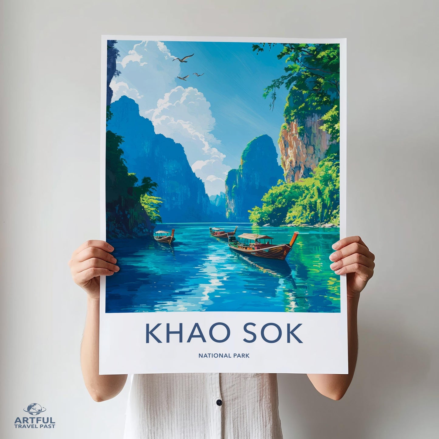 Khao Sok National Park Poster, Scenic Travel Art, Nature Illustration Print, Landscape Wall Decor, Boat River Valley Artwork
