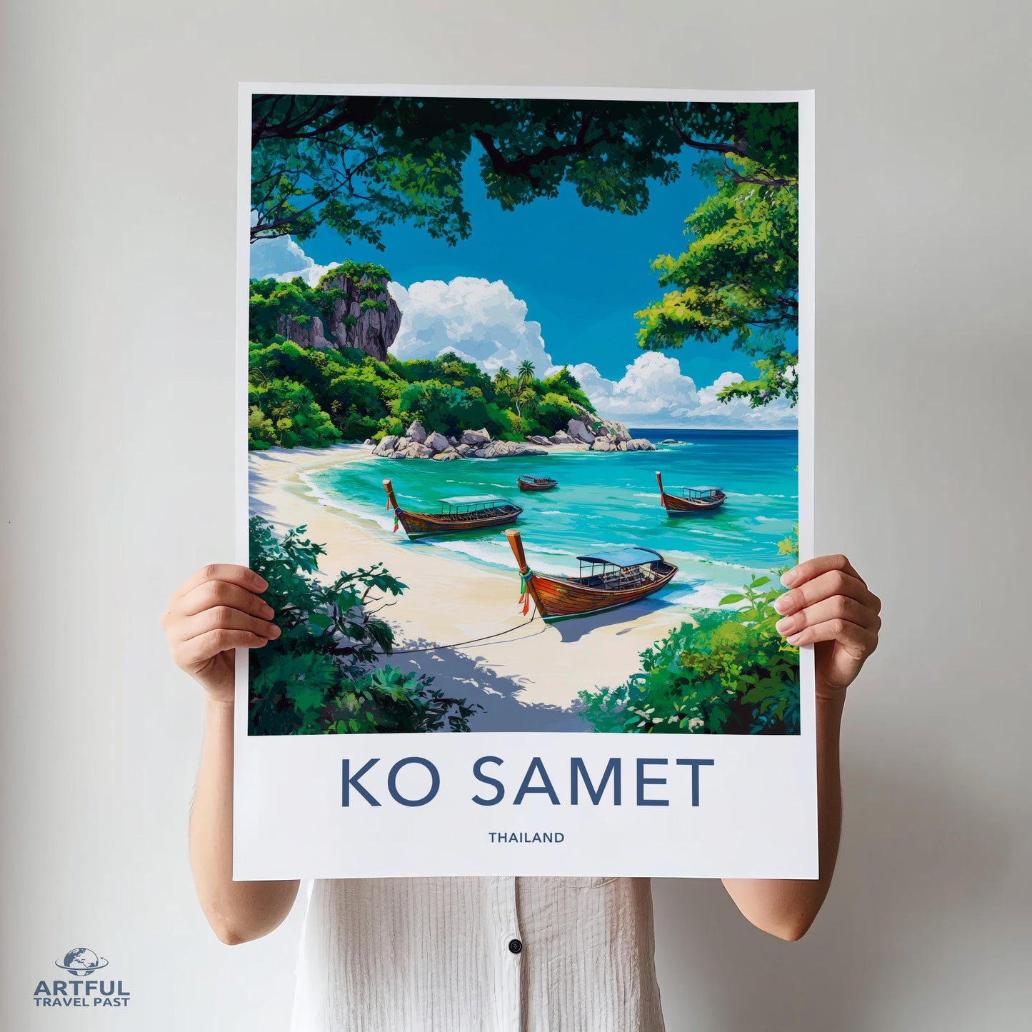 Ko Samet Thailand Travel Poster Art, Beach Boats Wall Decor, Tropical Paradise Print, Vibrant Coastal Artwork