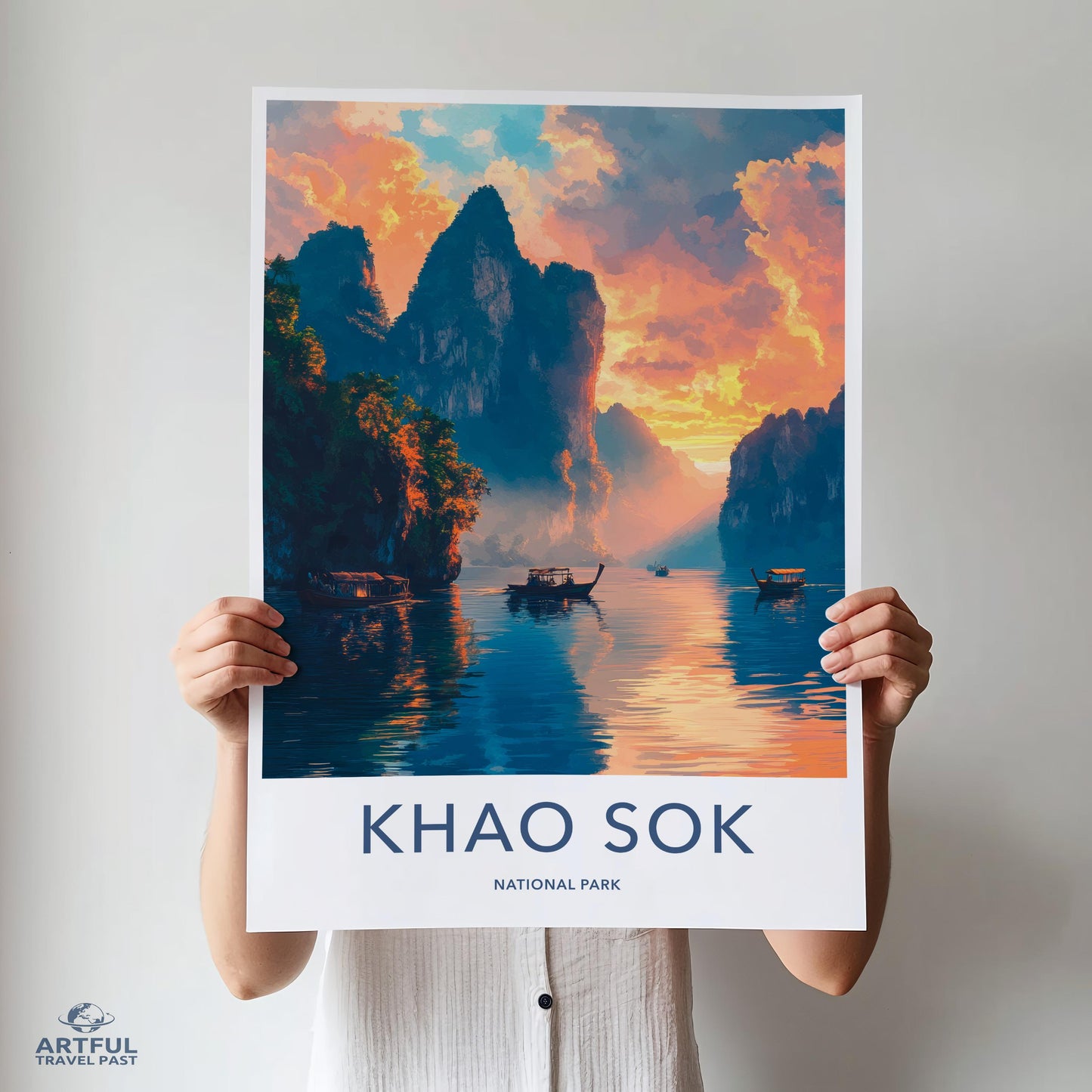 Khao Sok National Park Poster, Scenic Landscape Wall Art, Large Travel Print, Colorful Nature Decor, Beautiful Sunset Reflection