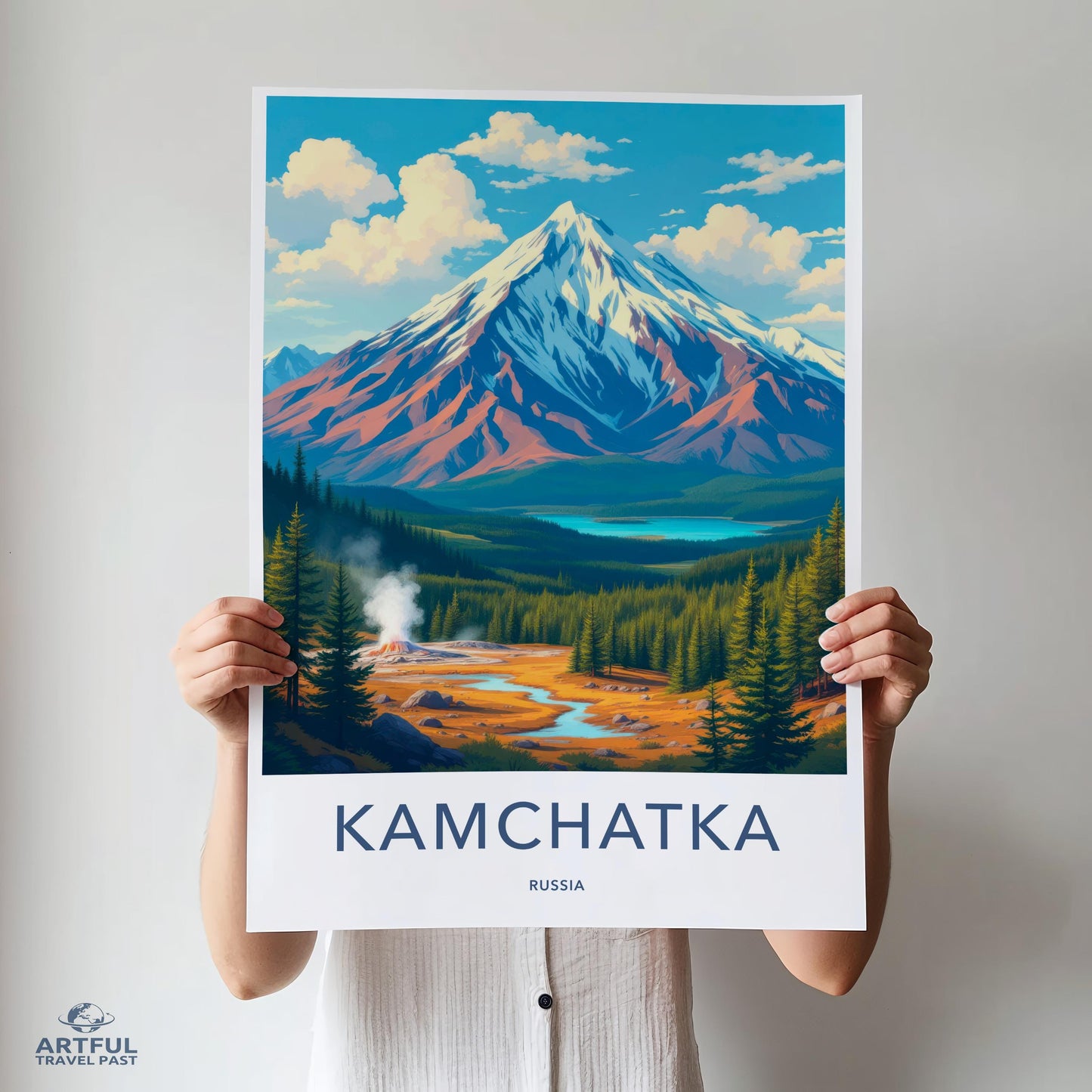 Kamchatka travel poster, Russian landscape wall art, nature mountain print, scenic wilderness decor, adventure artwork