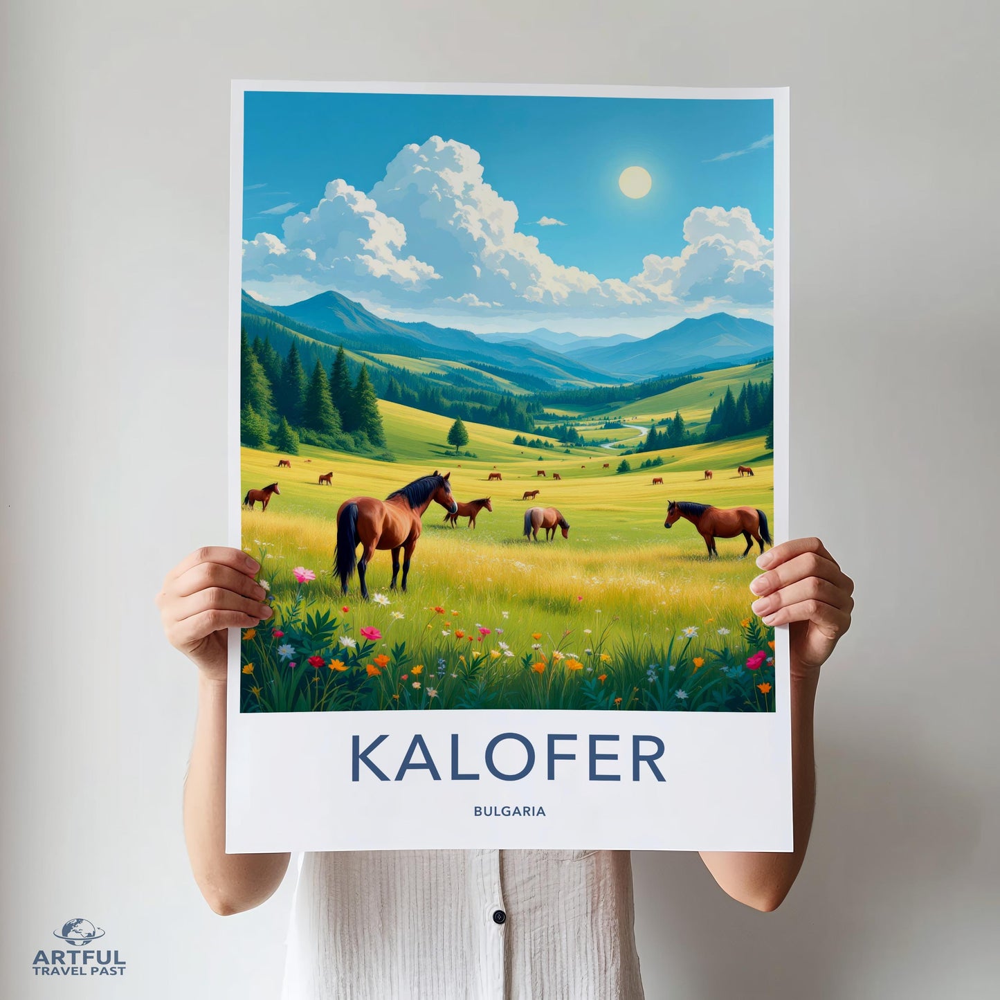 Kalofer Bulgaria Travel Poster, Scenic Landscape Art Print, Wall Decor, Summer Meadow with Horses, Vintage Style Artwork