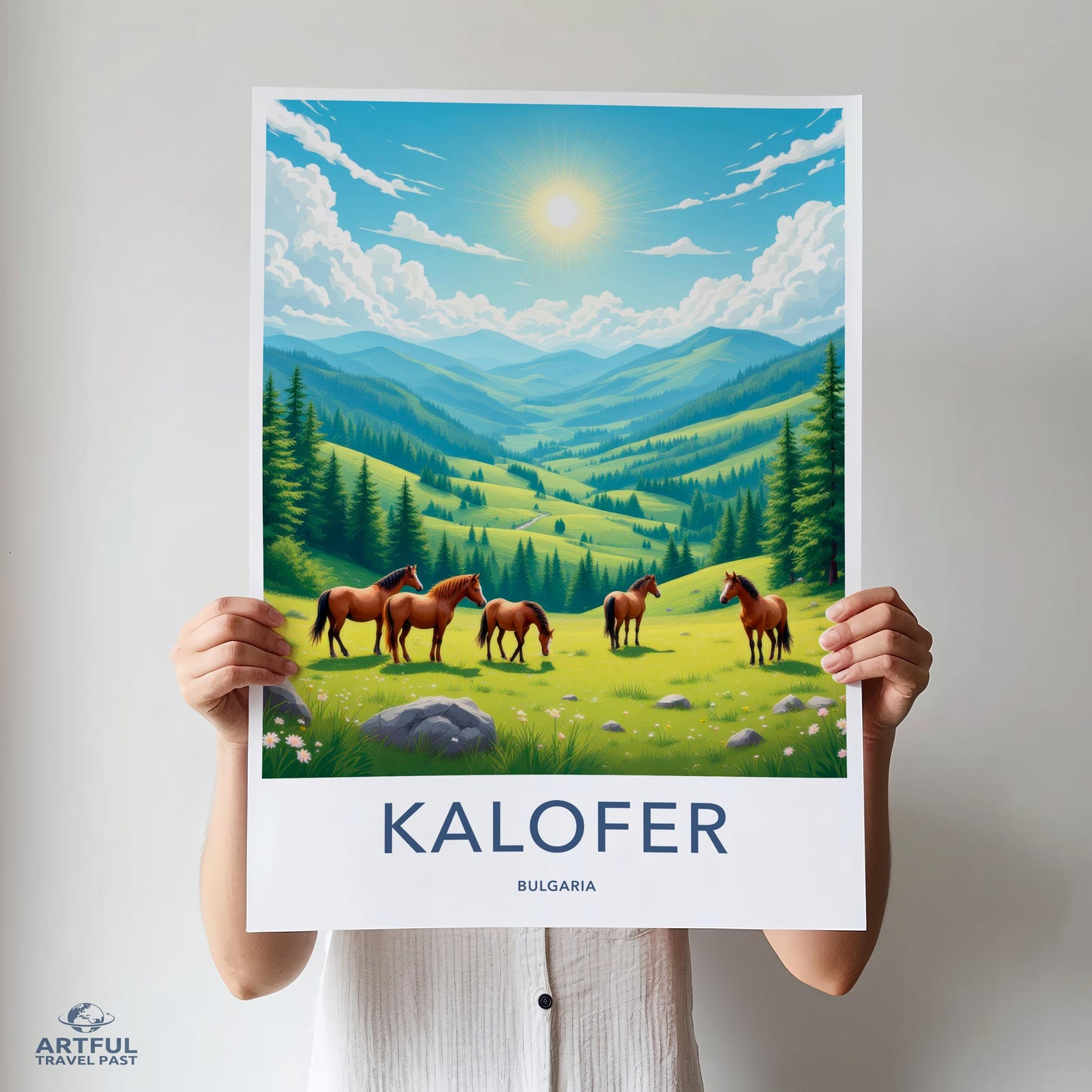 Scenic Kalofer Bulgaria Landscape Poster, Sunlit Hills and Pastures, Horses in Meadow, Travel Wall Art, Nature Print Decor, Gift Idea