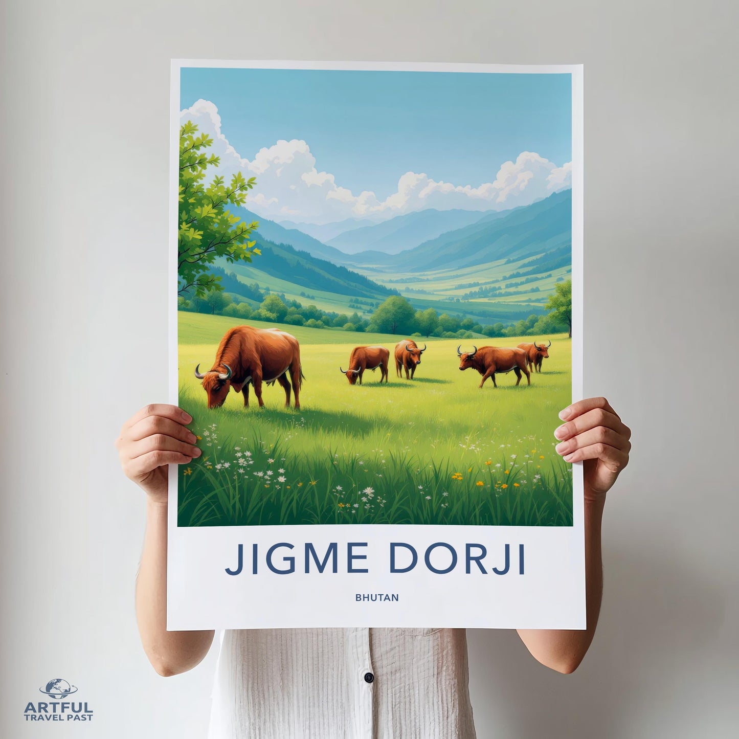 Cattle in Mountain Valley Art Print, Scenic Pasture Landscape Poster, Bhutan Nature Wall Art, Rural Farmhouse Decor