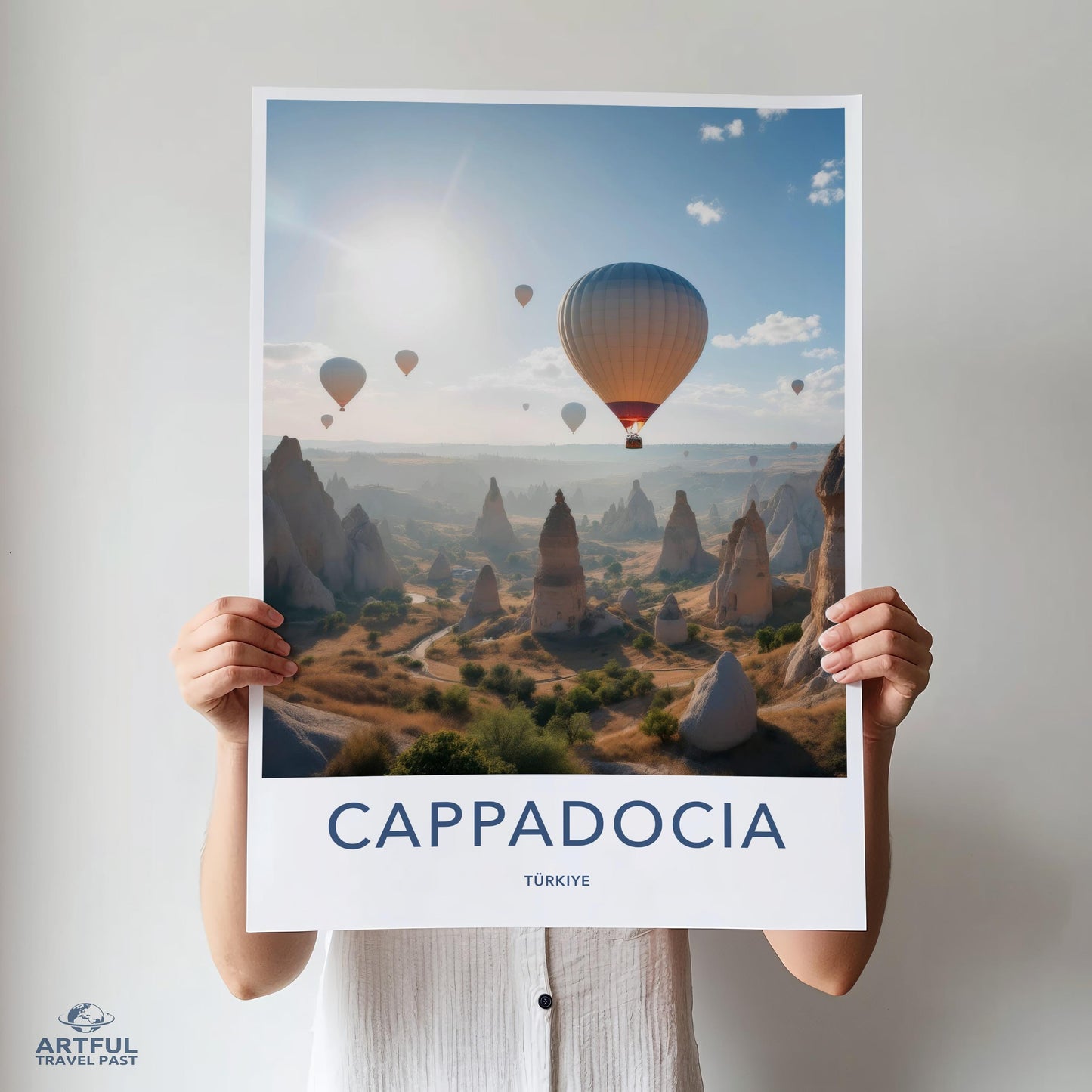 Cappadocia travel poster wall art, hot air balloons landscape print, unique travel gift, Turkish scenery decor, adventure art