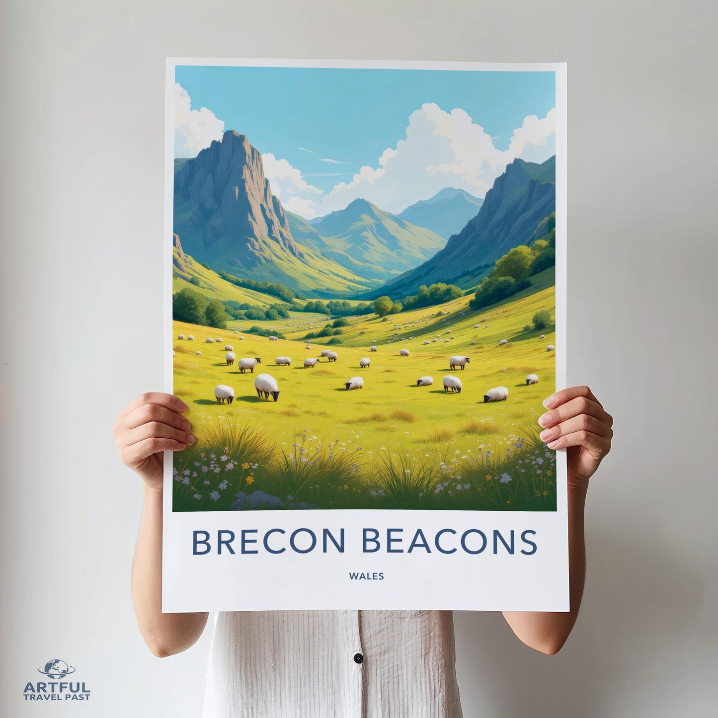 Brecon Beacons travel poster, Wales landscape art print, scenic mountain view, sheep in meadow, nature wall decor, vintage style