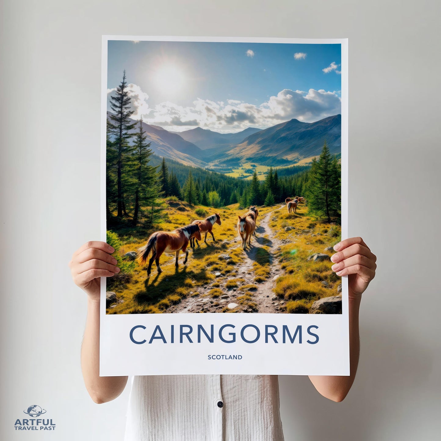 Cairngorms Scotland Print, Scenic Mountain Poster, Nature Landscape Art, Horses in Valley, Home Decor Wall Art