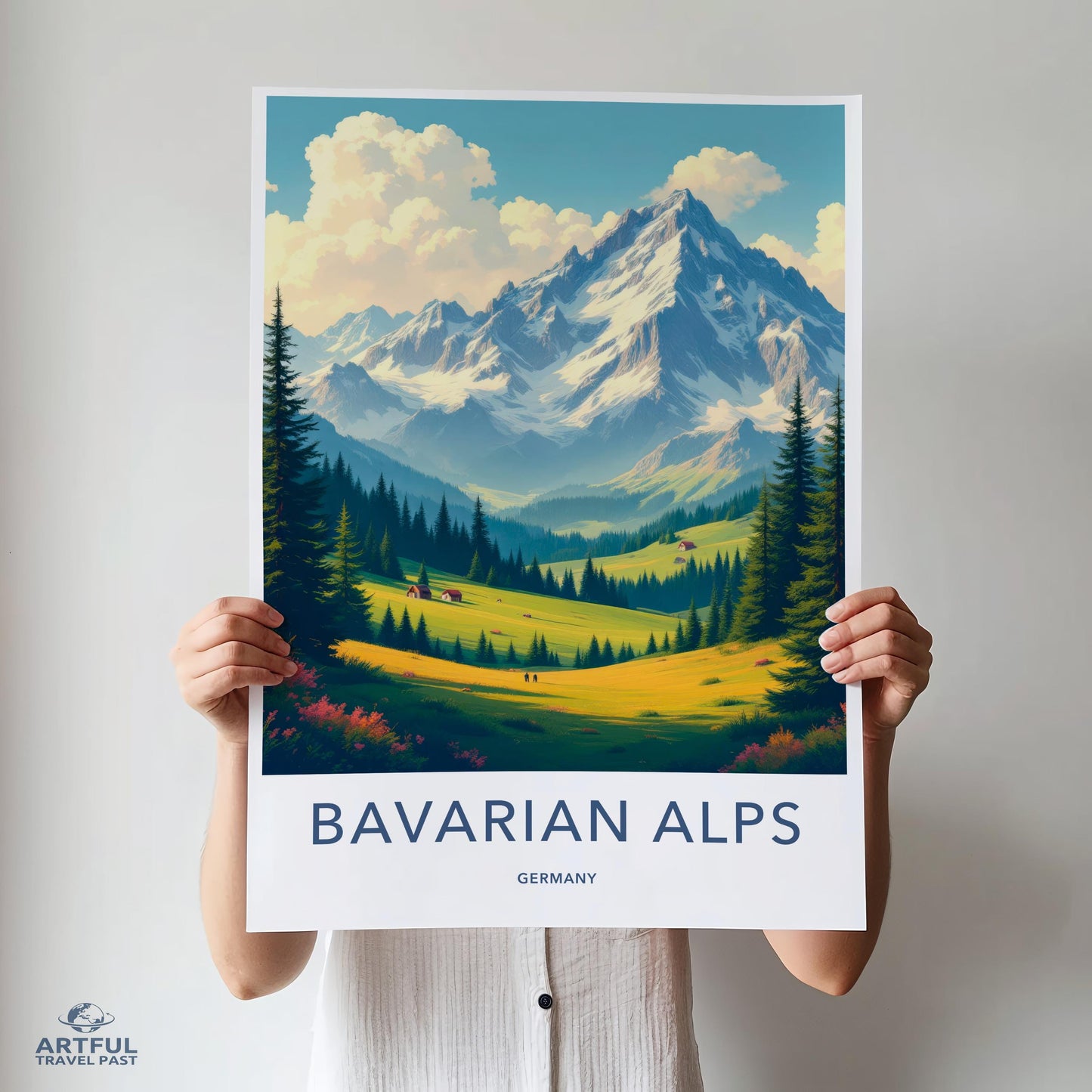Bavarian Alps Poster, Germany Travel Print, Mountain Landscape Wall Art, Nature Scene Decor, Vintage Style Artwork