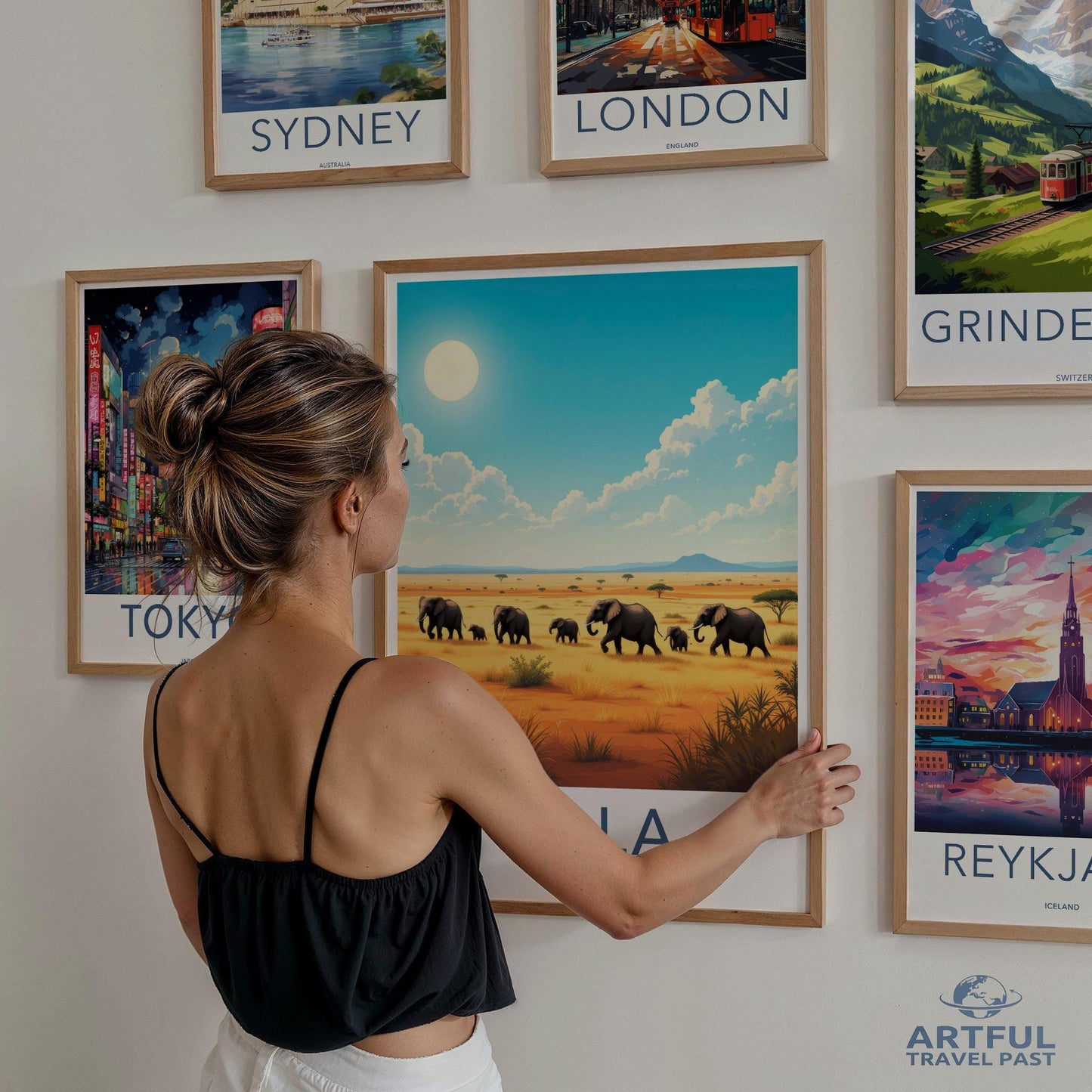 Vintage Travel Posters Gallery Wall Art Set, Elephant Safari Poster Palm Trees, London Sydney Tokyo Reykjavik Travel Decor
