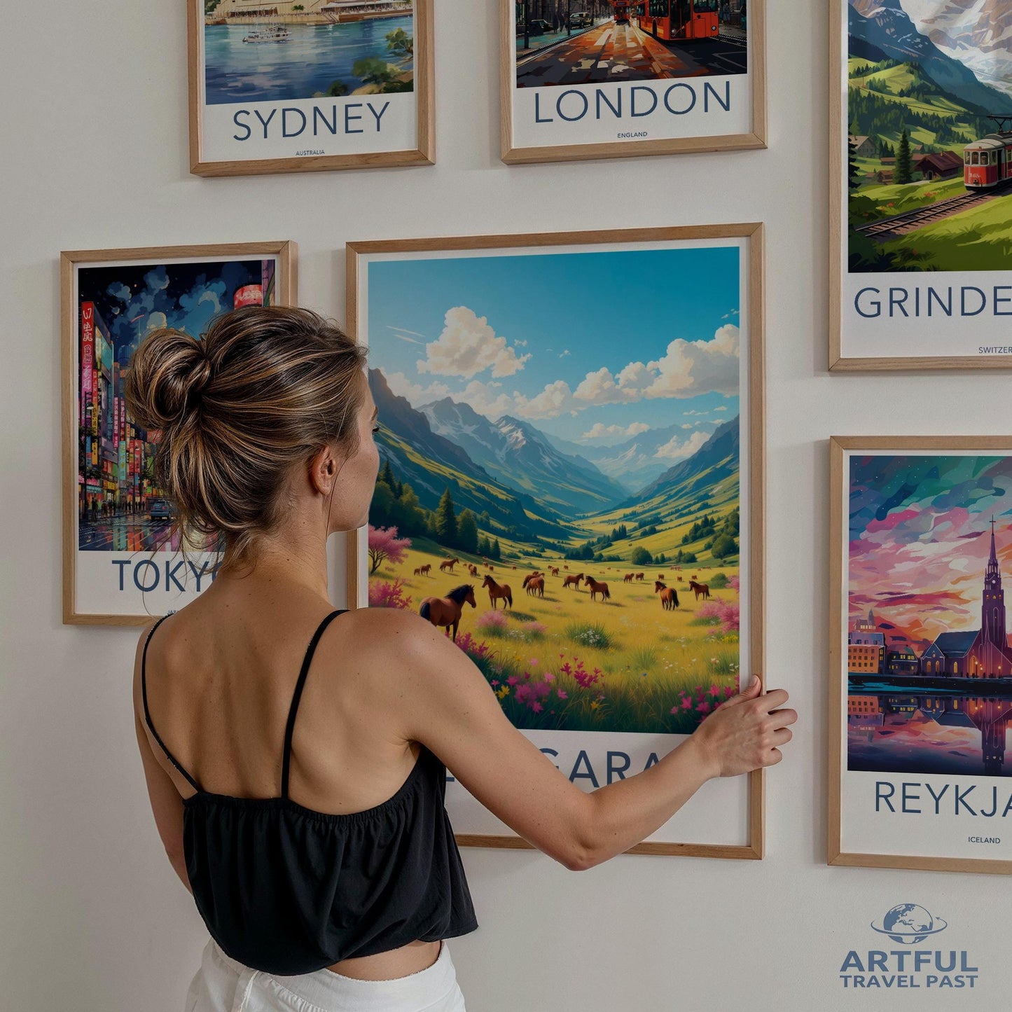 Travel destination wall art set, artful poster prints, world cityscape collection, vibrant artwork decor, global adventure art