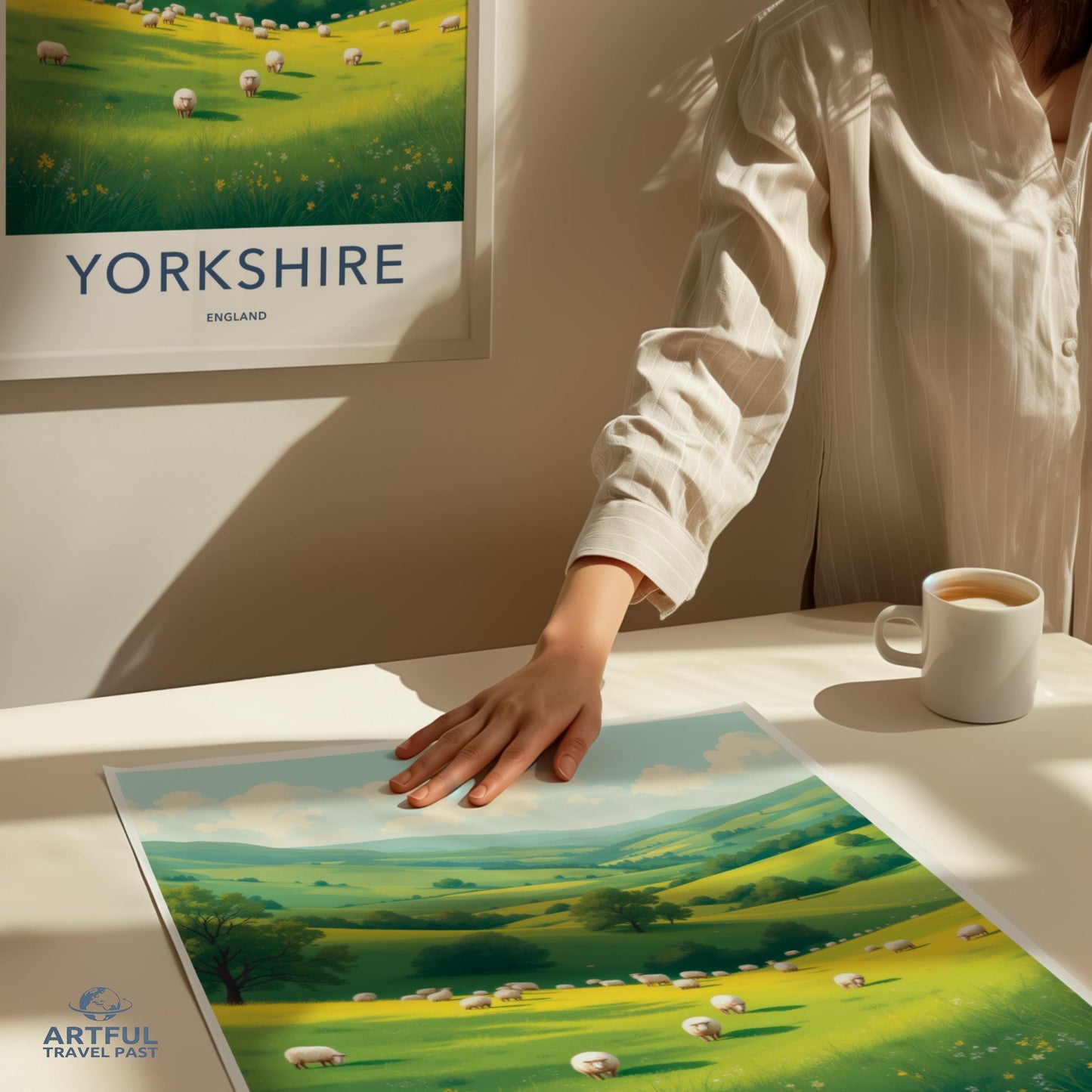 Yorkshire England Poster, Scenic Landscape Art Print, Bright Green Countryside, Pastoral View, Vintage Travel Style Decor