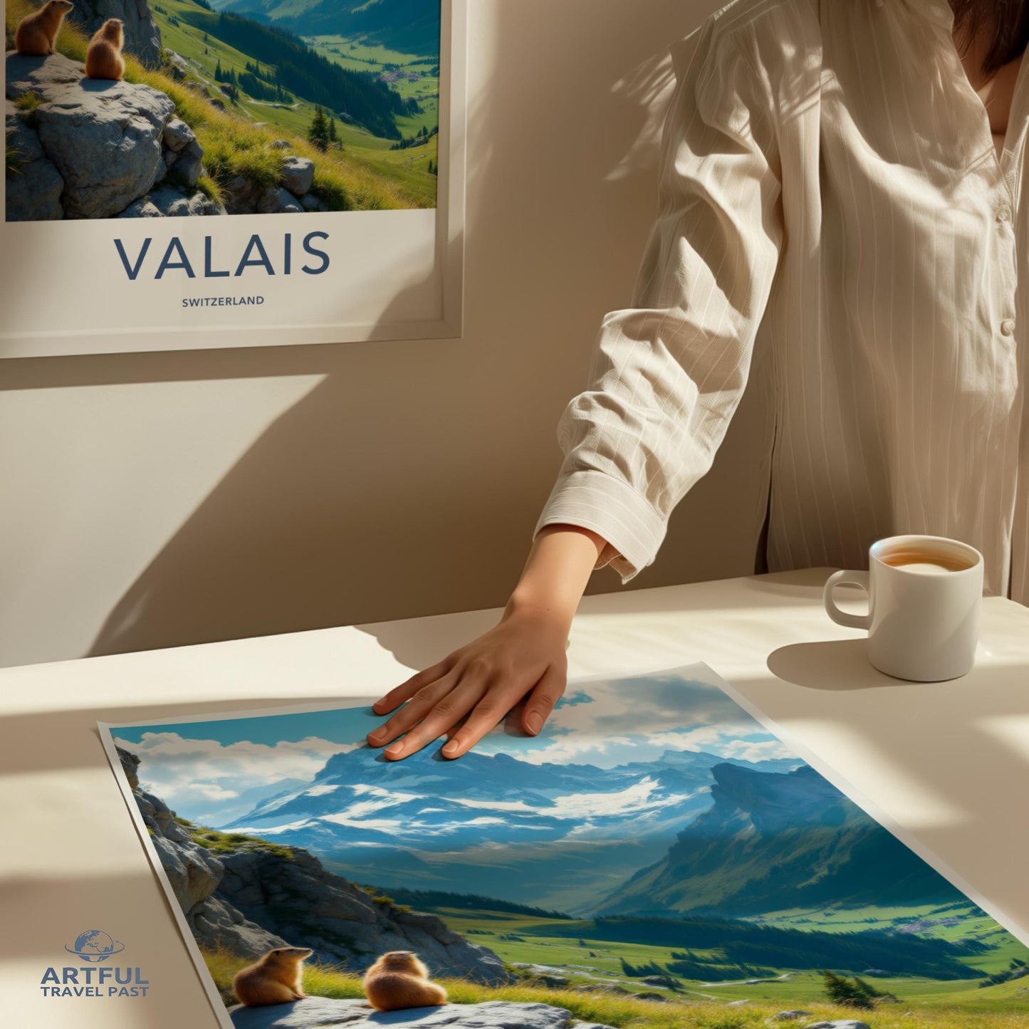 Swiss Alps Travel Poster, Valais Switzerland Print, Nature Landscape Wall Art, Mountain Decor, Vintage Style Travel Poster