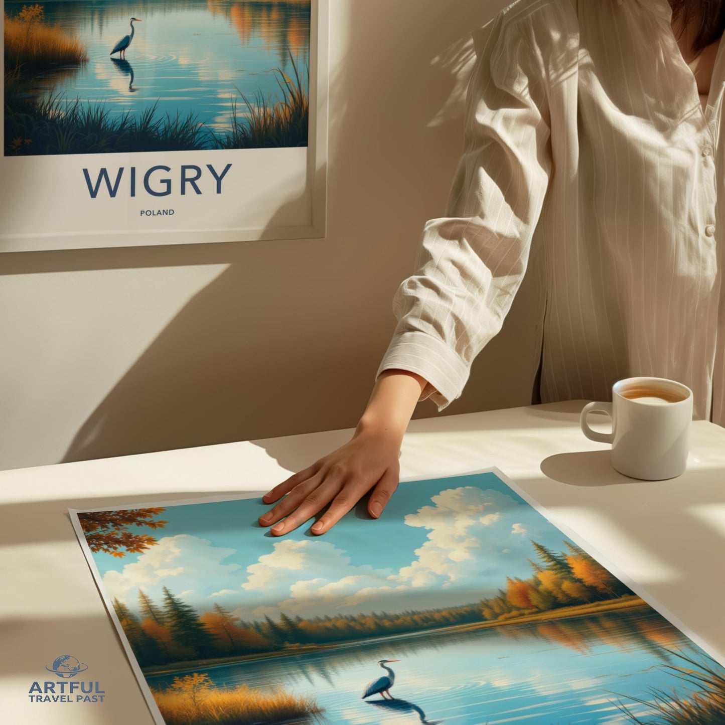 Wigry Poland travel poster with heron, landscape art print, serene nature wall art, water reflection scenery, peaceful lake decor