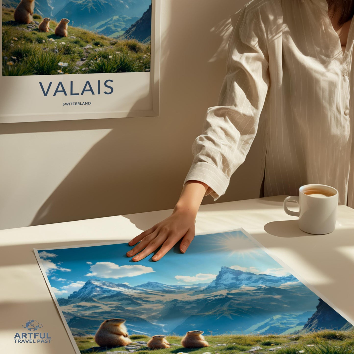 Valais Switzerland travel poster, Swiss Alps artwork print, scenic mountain wall art, landscape photography decor, nature lovers gift