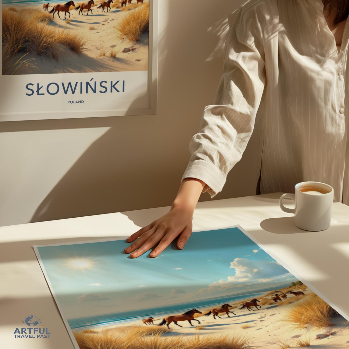 Polish travel art print, Słowiński Poland wall decor, beach landscape poster, horses in nature illustration, scenic art print