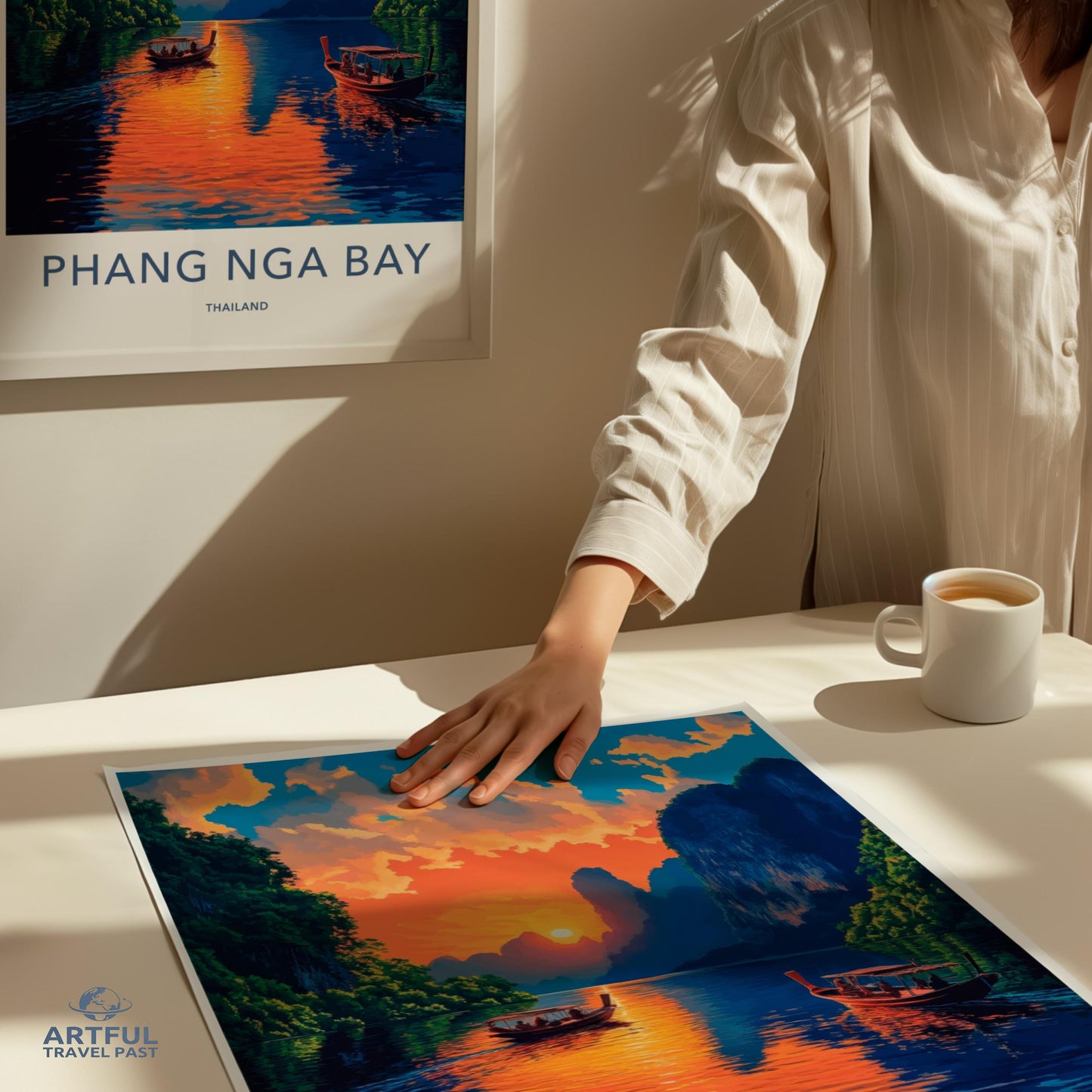 Phang Nga Bay Thailand travel poster, stunning sunset wall art, vibrant landscape print, scenic view decor for home or office