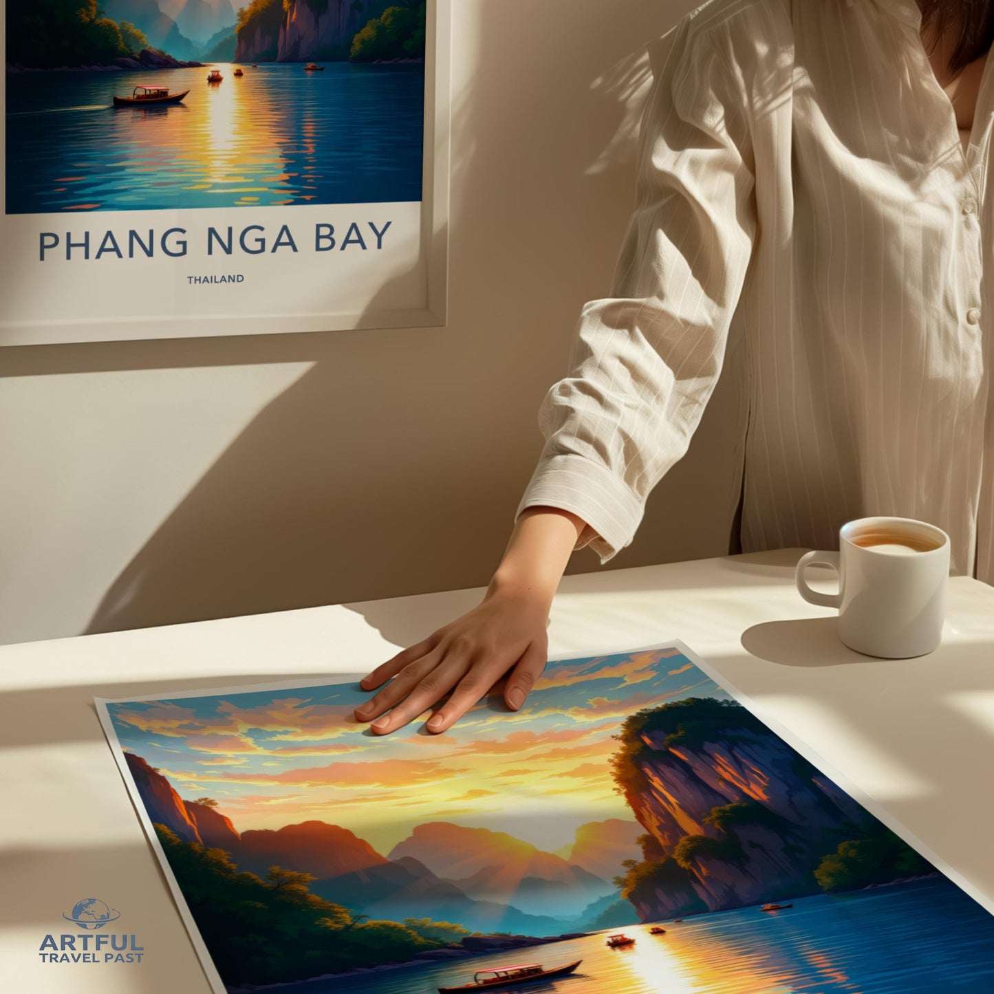 Phang Nga Bay Thailand travel poster, scenic landscape wall art, sunset view, tropical decor, nature photography print