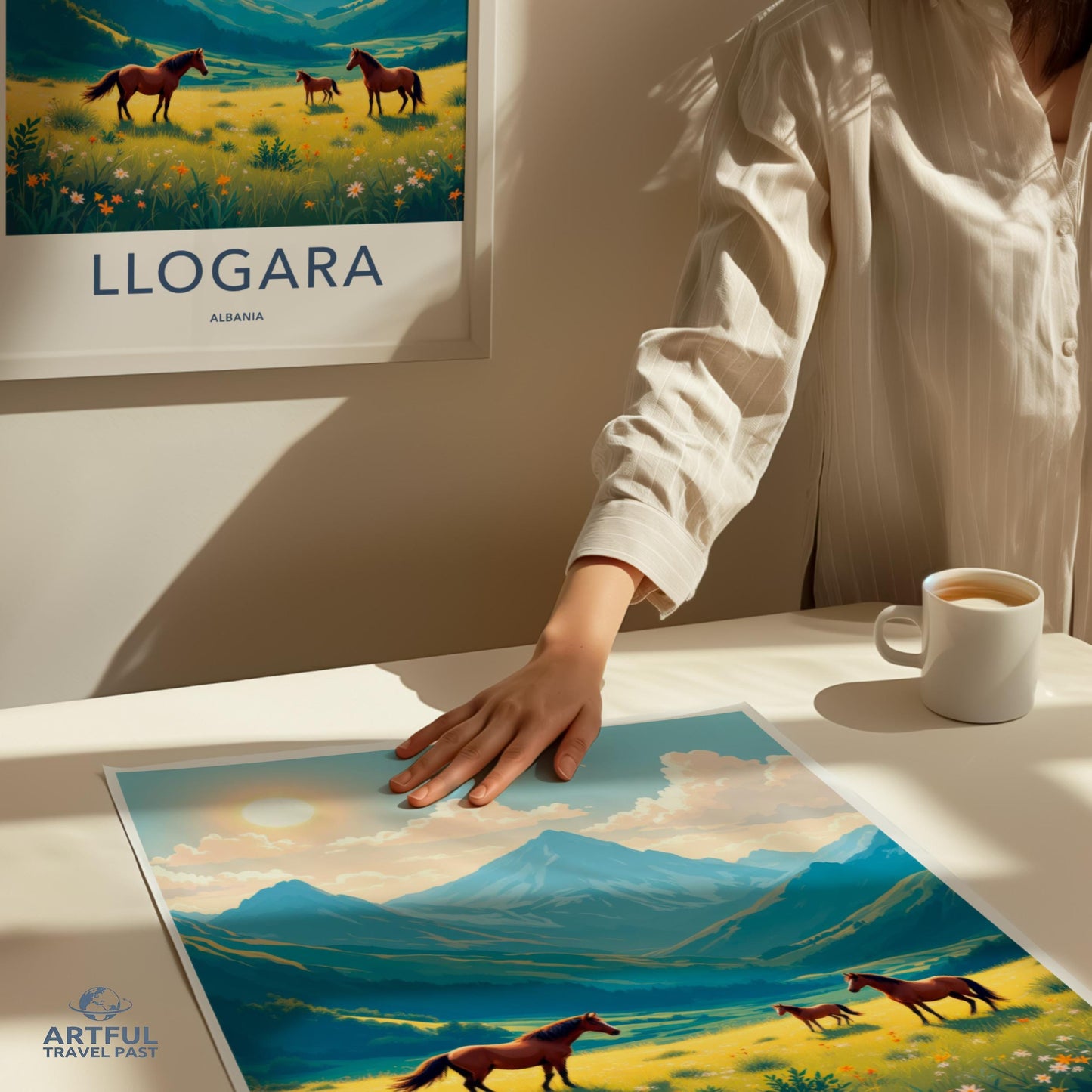 Llogara Albania Travel Poster, Horse Pasture Vintage Style Print, Scenic Mountain Landscape, Artful Travel Past Collection