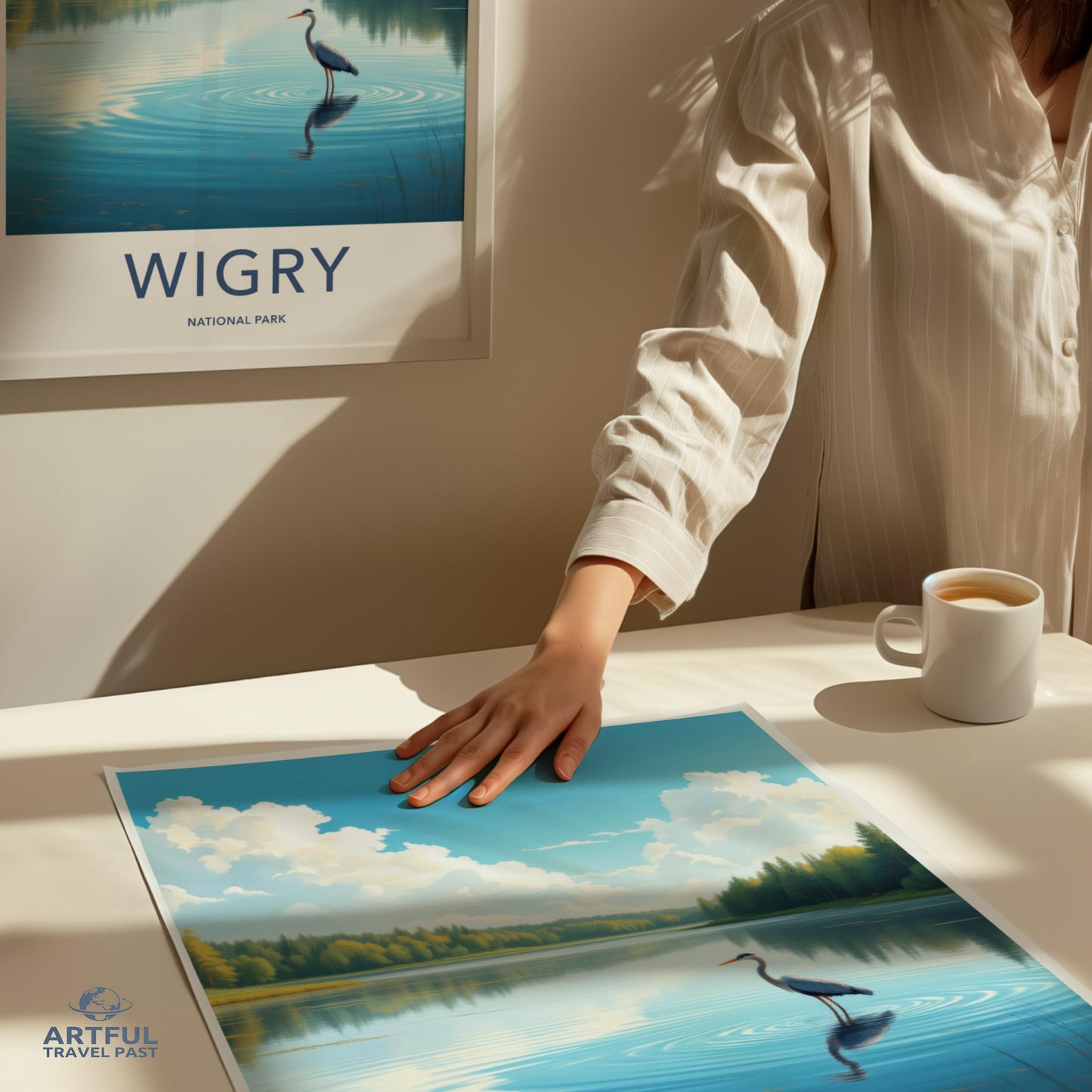 Wigry National Park wall art, nature landscape print, serene lake poster, bird in water artwork, tranquil scenery decor
