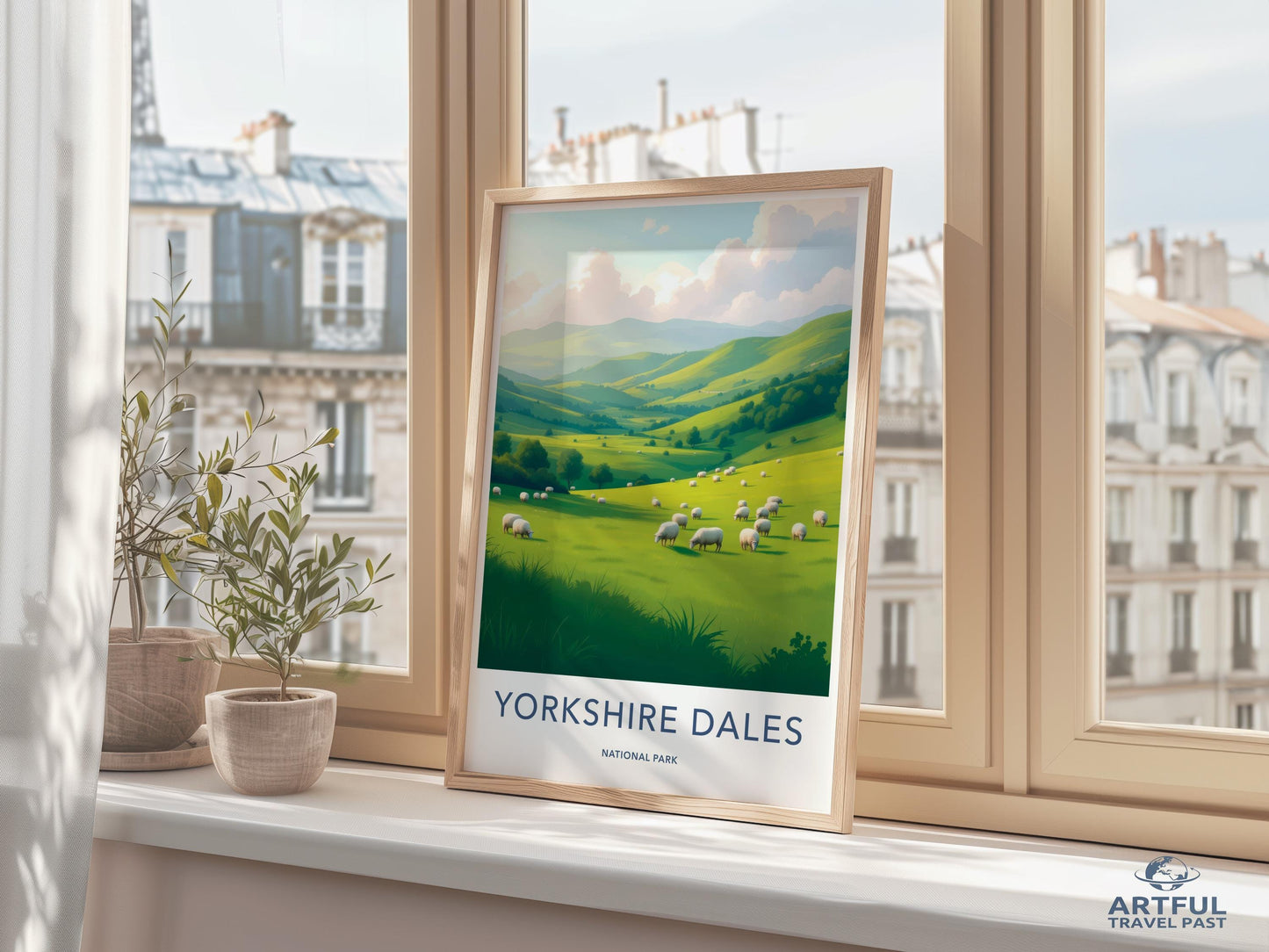 Yorkshire Dales National Park poster, travel art print, scenic countryside wall decor, nature landscape illustration, framed artwork