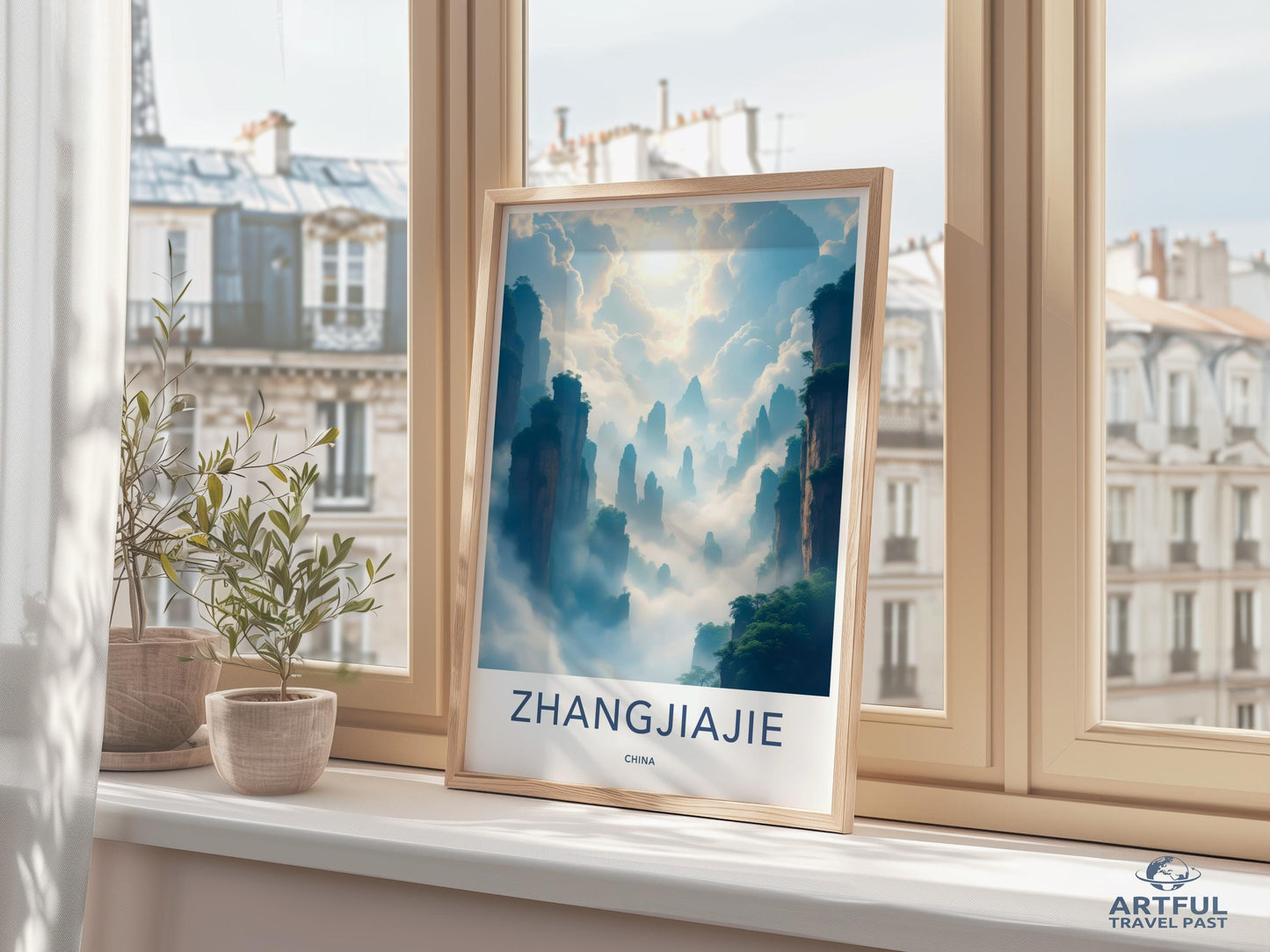Zhangjiajie Travel Poster, Scenic Nature Wall Art, Cloudy Mountains Print, Tranquil Landscape Decor, Modern Home Accent