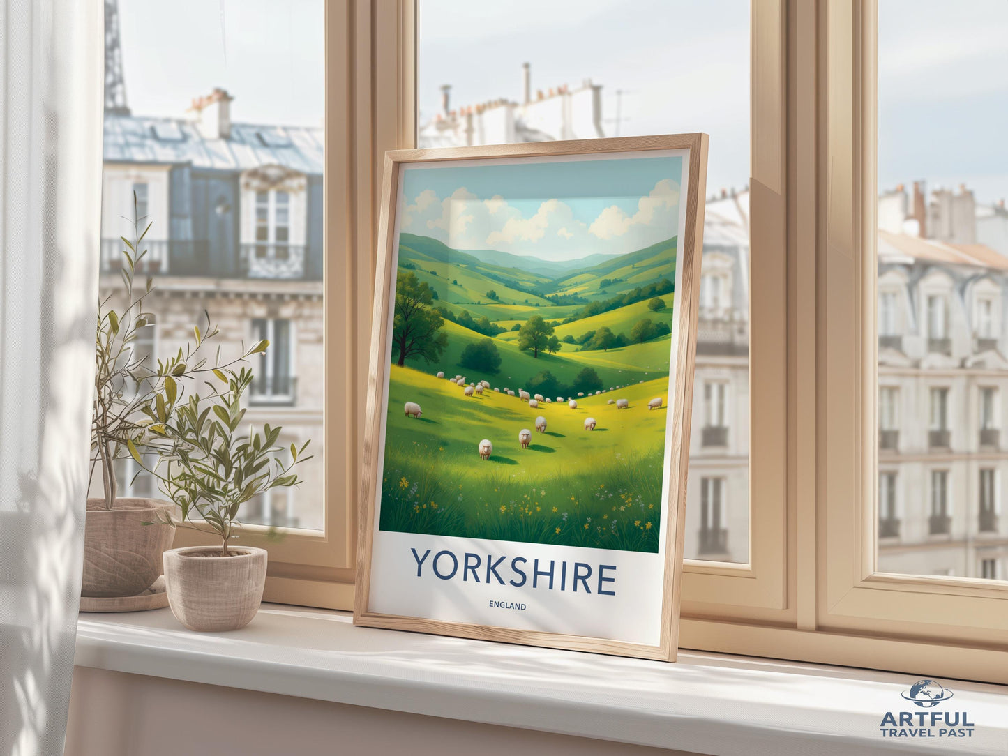 Yorkshire England Art Print, Farm Landscape Wall Decor, Country Scene Poster, Nature Artwork for Home, Green Fields Illustration