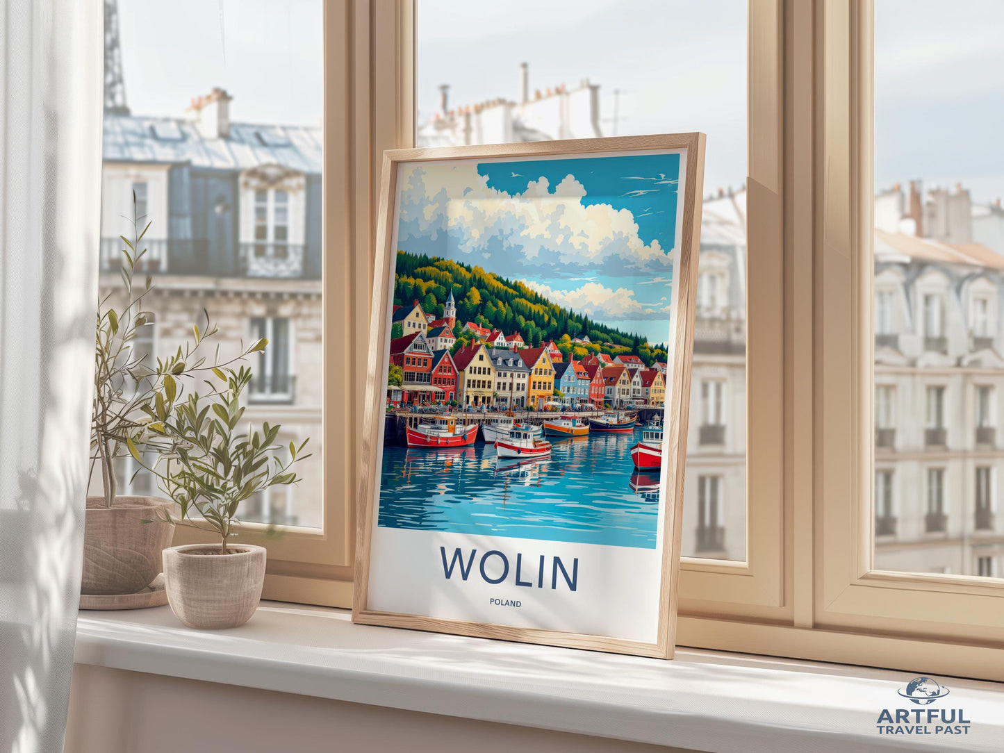 Poland travel poster, Vintage wall art, Coastal town print, Artful Travel Past poster, Home decor, Wolin harbor illustration