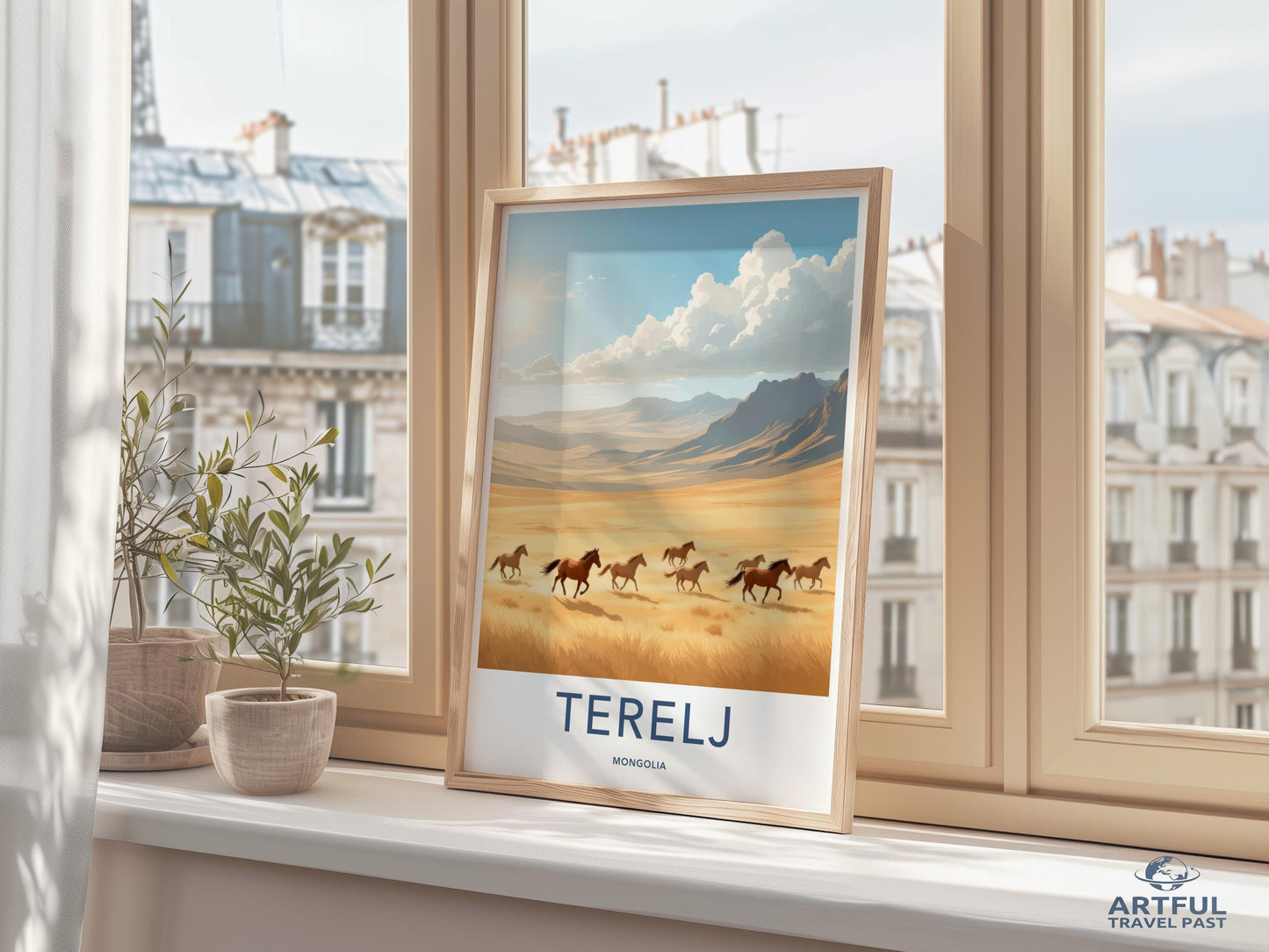 Terelj travel poster, Mongolia wall art, cozy home decor, vintage travel print, scenic landscape artwork, window sill display