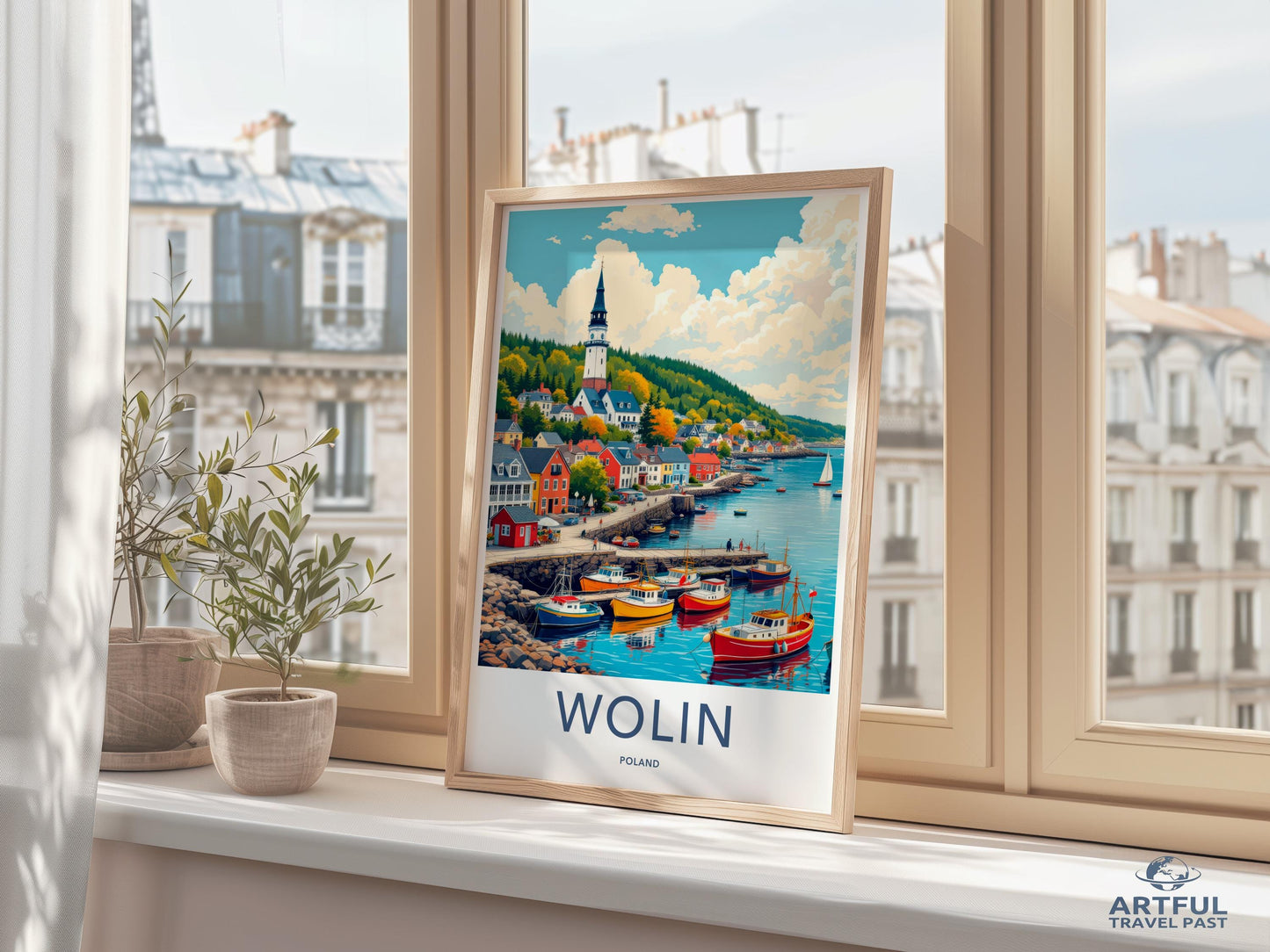 Wolin Poland Travel Poster, Coastal Village Art, Scenic Seaside Print, Nautical Wall Decor, Europe Wanderlust Decor, Colorful Harbor Scene