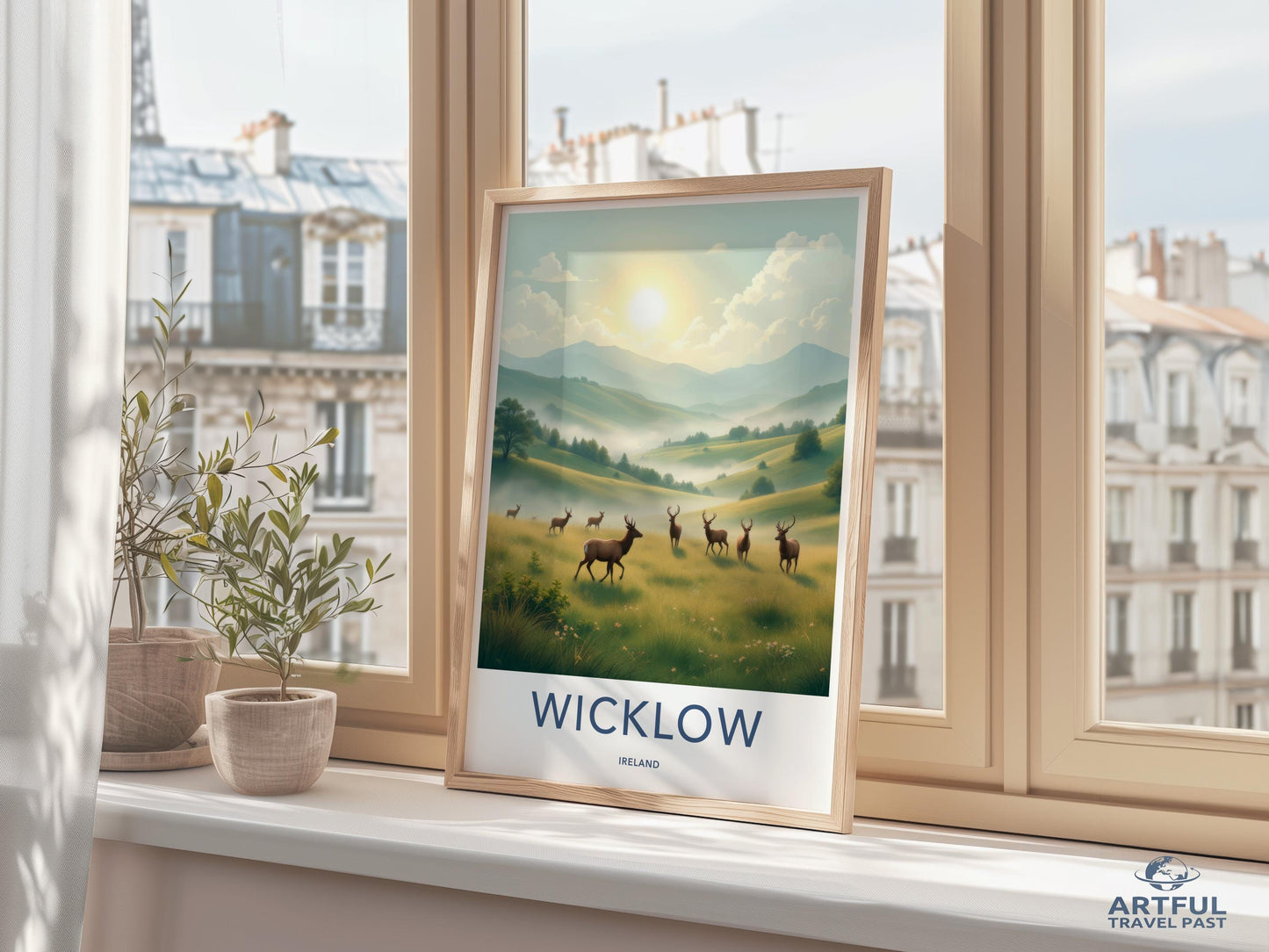 Wicklow Ireland Travel Poster, Scenic Landscape Art Print, Irish Countryside Wall Decor, Nature Inspired Home Decor, Deer Illustration
