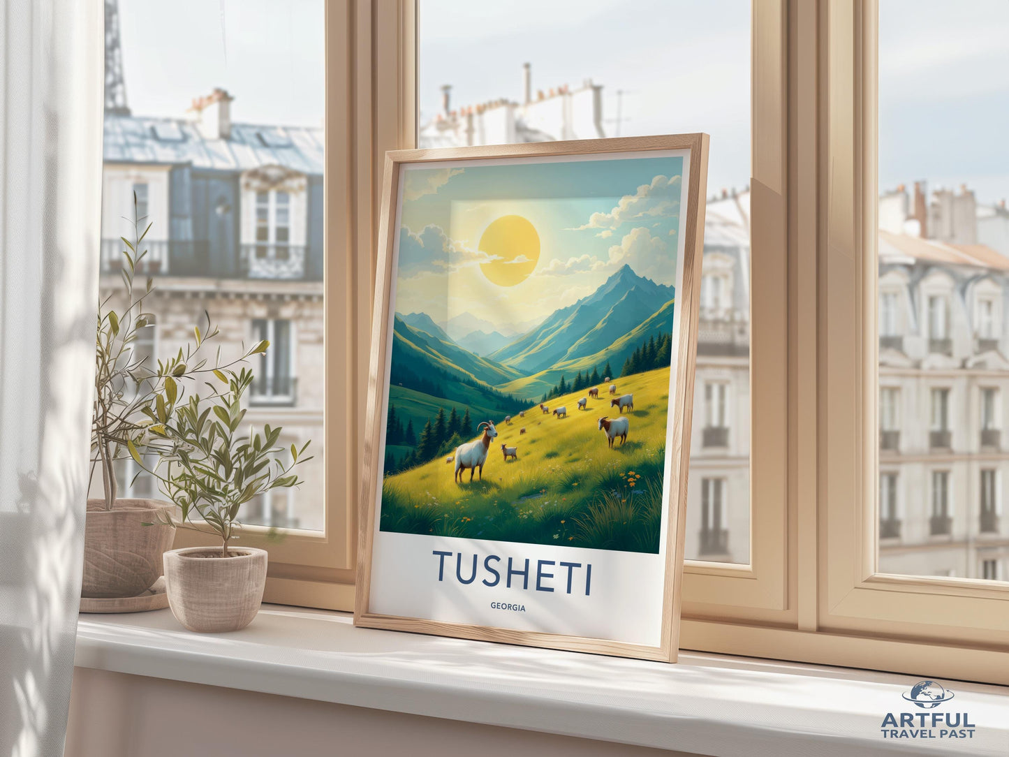 Tusheti travel poster, scenic mountain print, pastoral landscape art, bright sunny day decor, framed art for living room