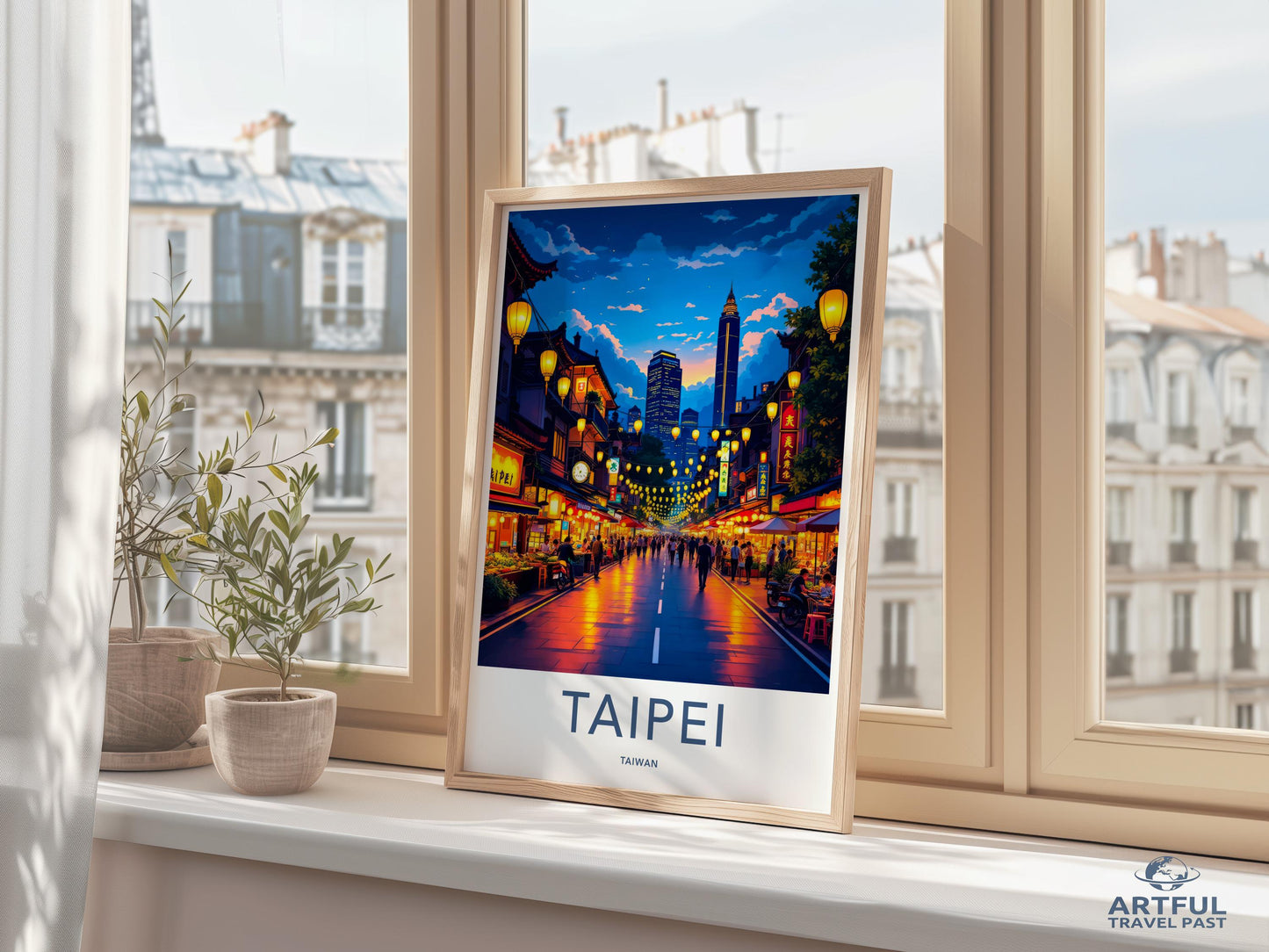 Taipei City Nightscape Wall Art, Taiwan Travel Poster, Cityscape Print, Skyline Artwork, Urban Decor, Night Scene Illustration
