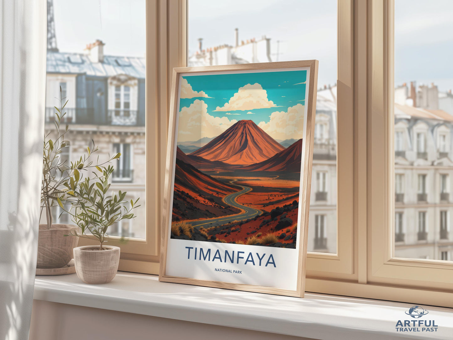Timanfaya National Park poster, volcano landscape art print, travel wall decor, scenic nature illustration, home office decoration