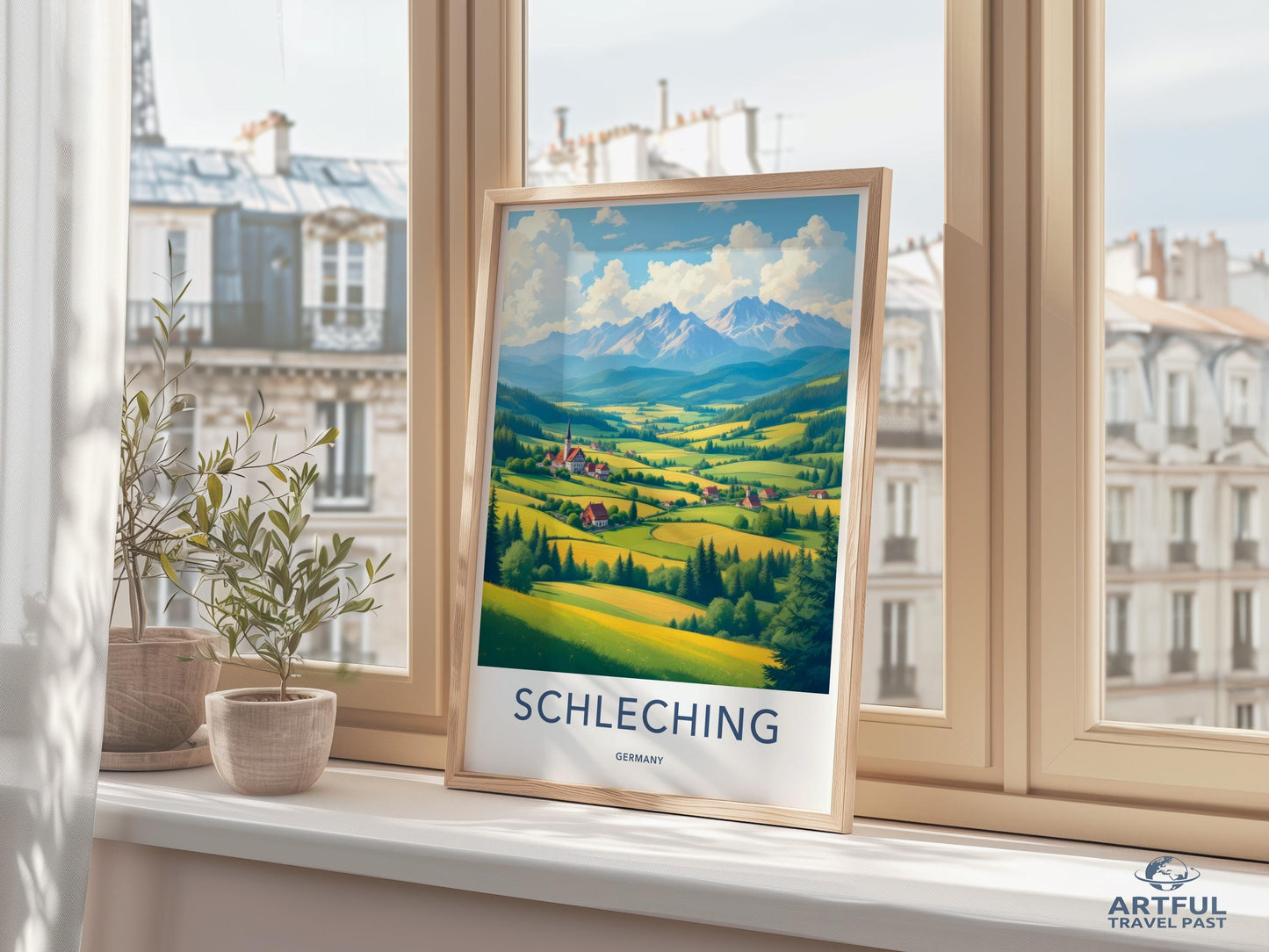Vintage travel poster, Schleching Germany wall art, scenic landscape print, European countryside decor, travel-themed artwork