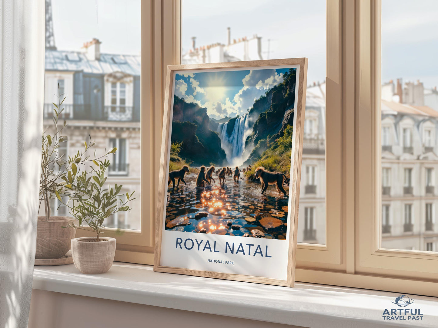 Royal Natal National Park poster, nature landscape wall art, waterfall scenery print, adventure travel decor, framed exhibition artwork